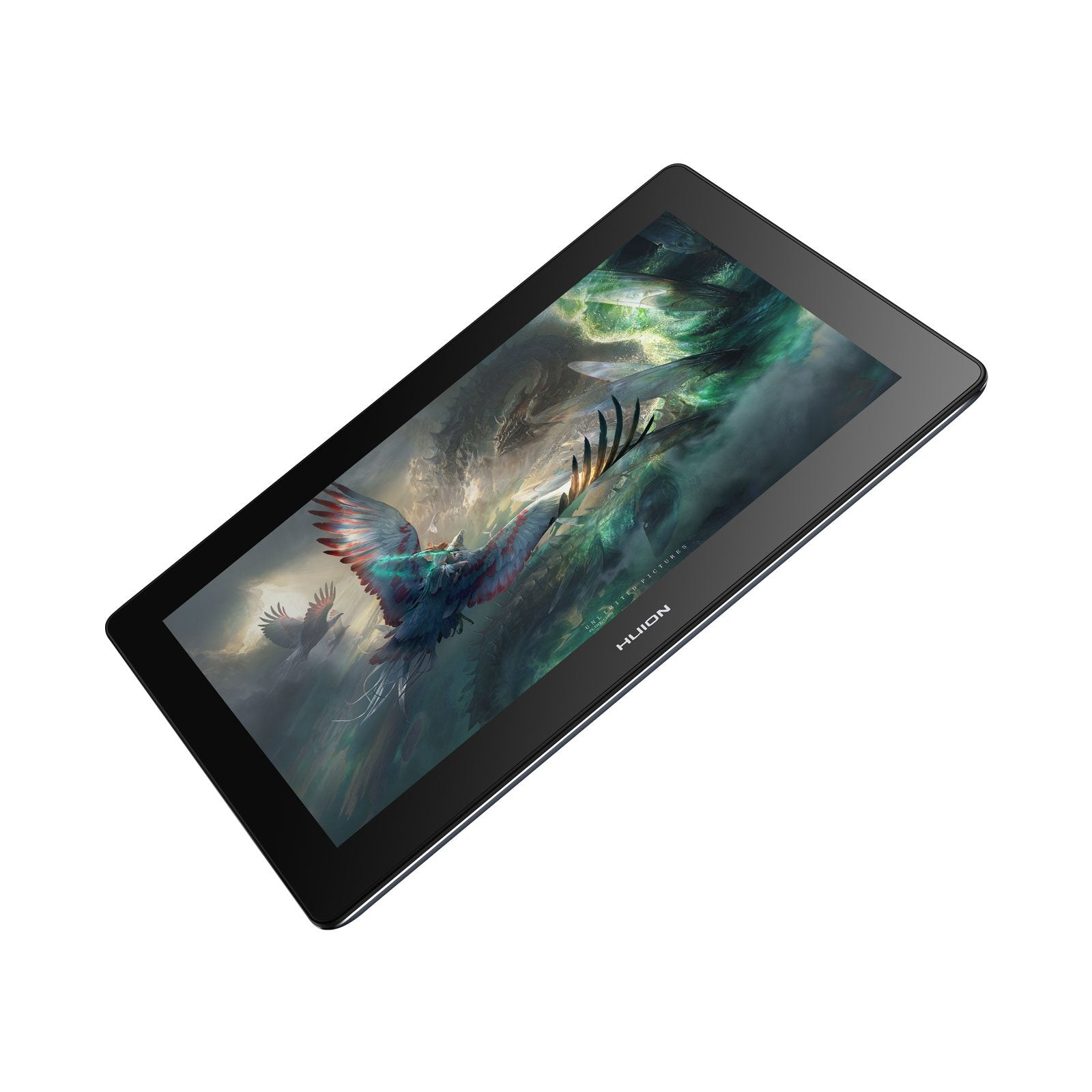 Tablet, das eine farbenfrohe Fantasy-Szene von Vögeln und einem Drachen zeigt.
