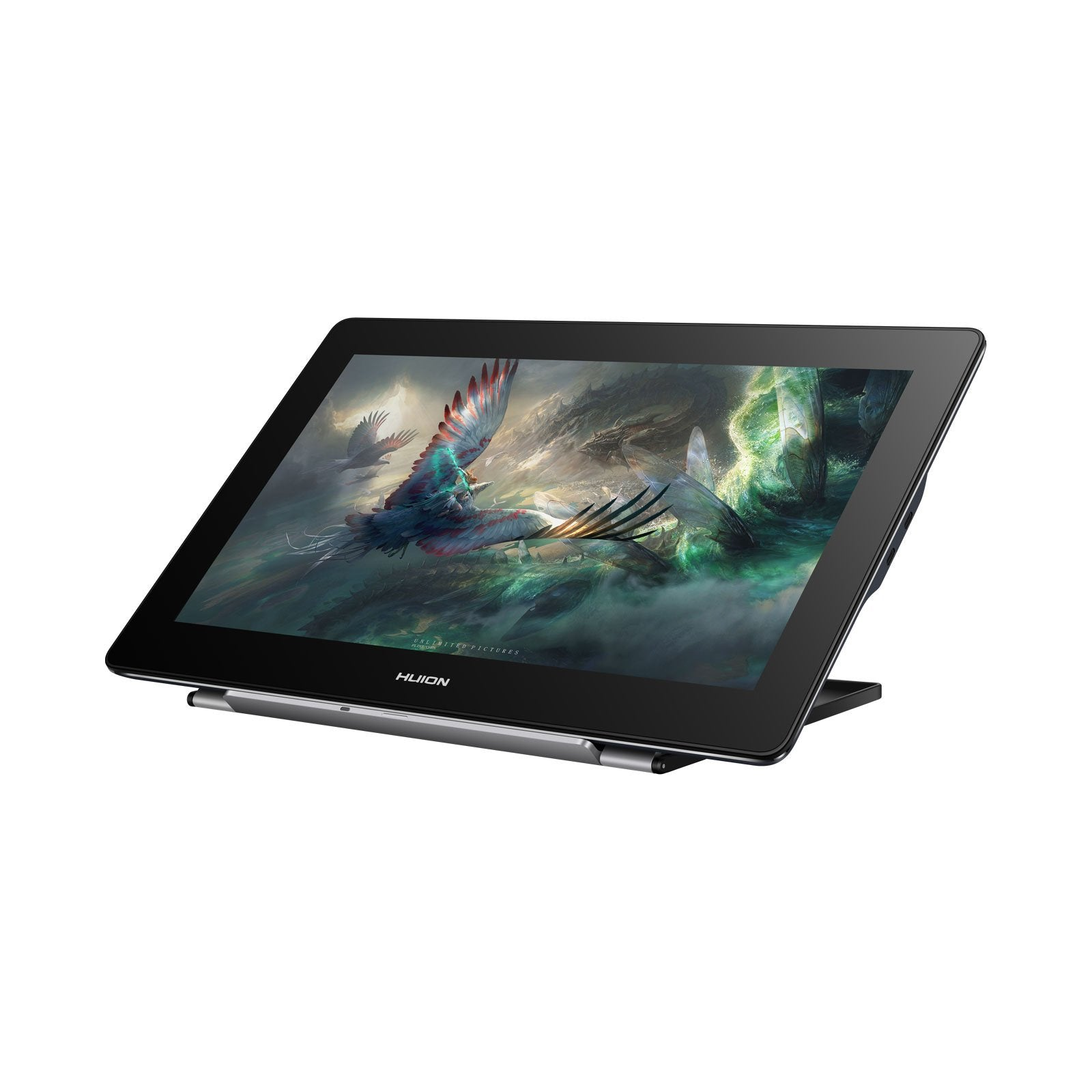 Grafiktablett mit einem bunten Bild von Vögeln und Wasser. Ein Stift liegt auf dem Tablet.