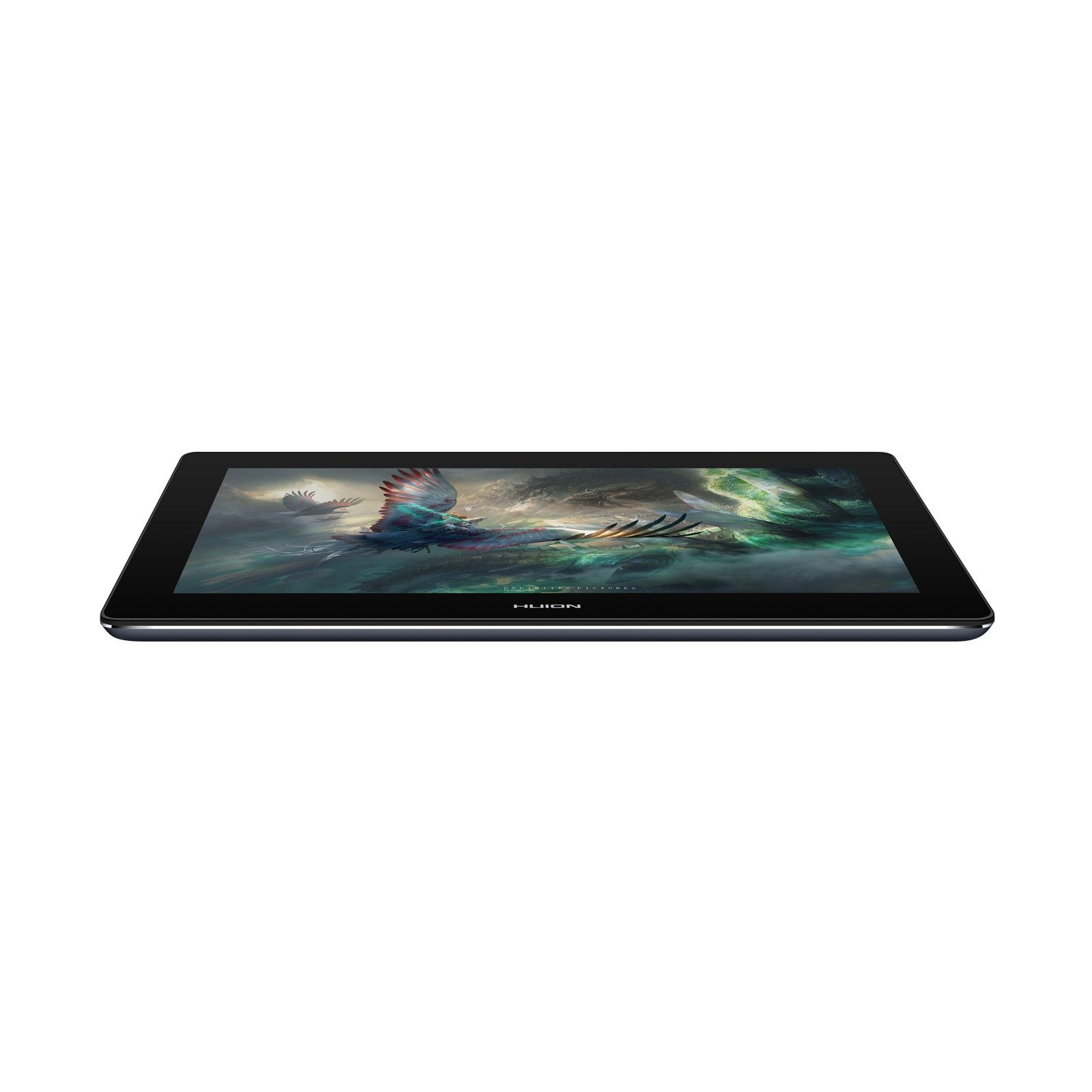Ein Tablet mit einer Zeichnung eines Vogels mit Flügeln und einer Landschaft.