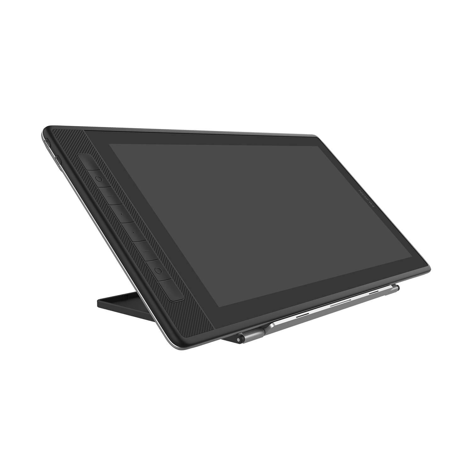Ein schwarzes digitales Zeichentablett mit Stift und Ständer, auf weißem Hintergrund geneigt.