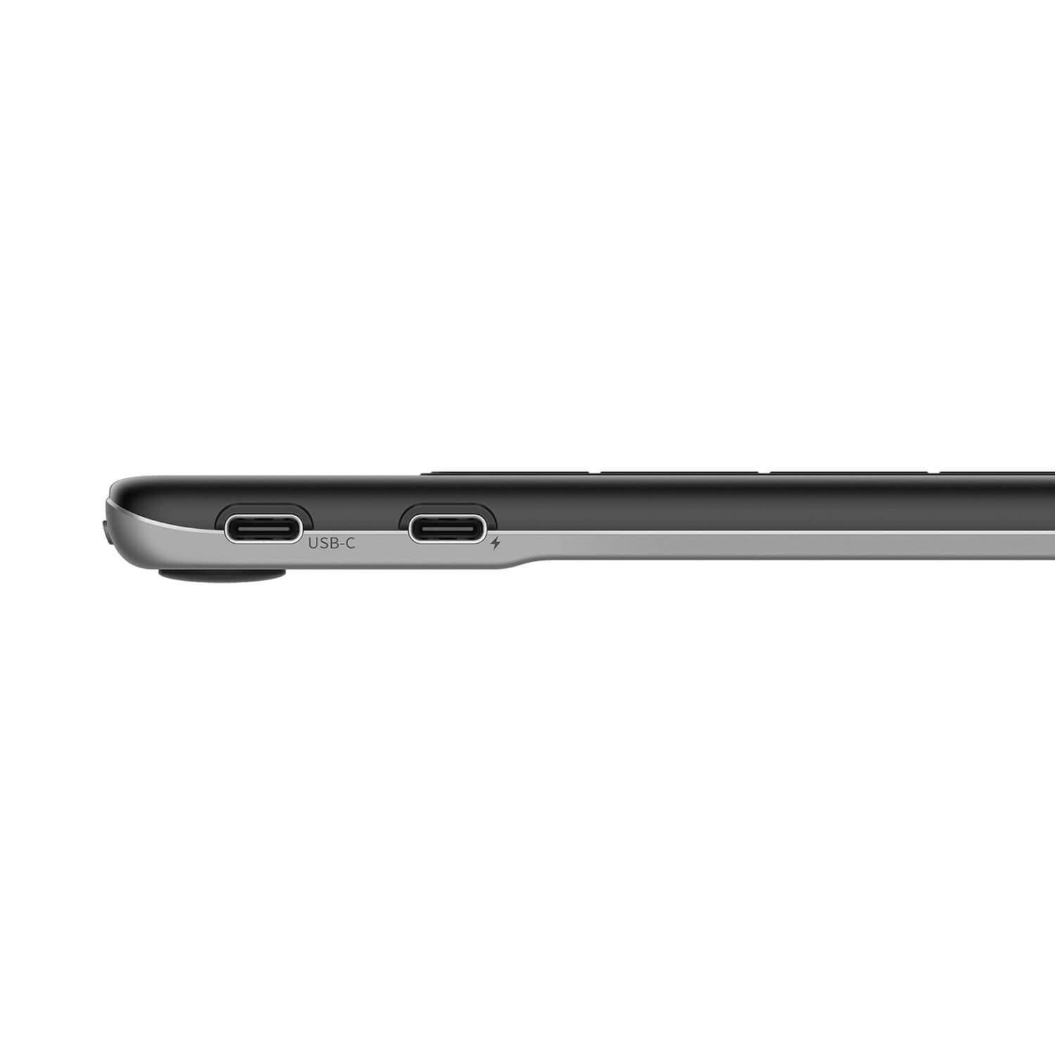 Seitenansicht eines Geräts mit zwei USB-C-Anschlüssen und silberner Kante, isoliert.