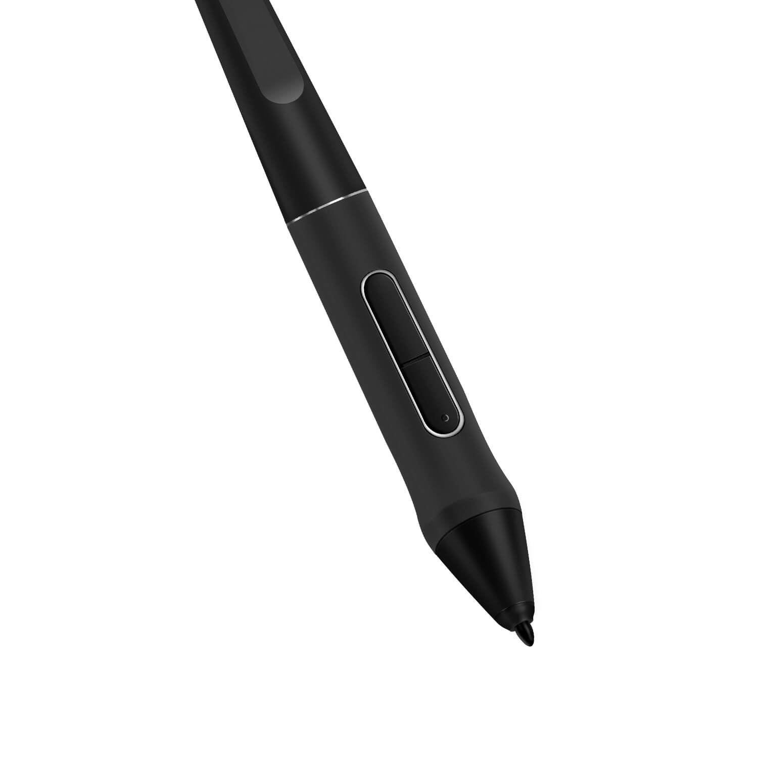 Schwarzer Stift mit Knöpfen und Spitze, vor weißem Hintergrund.