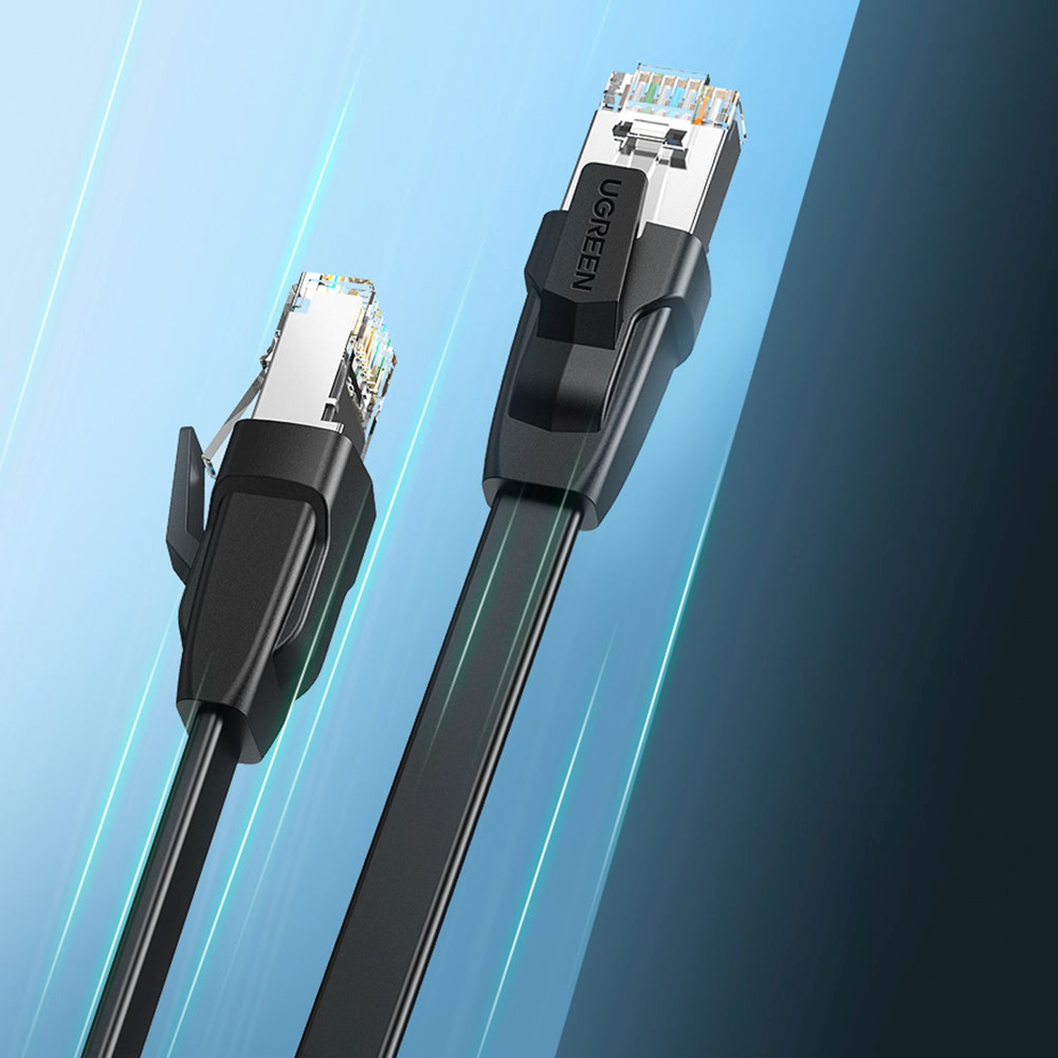 Zwei schwarze UGREEN Ethernet-Kabel mit Anschlüssen.