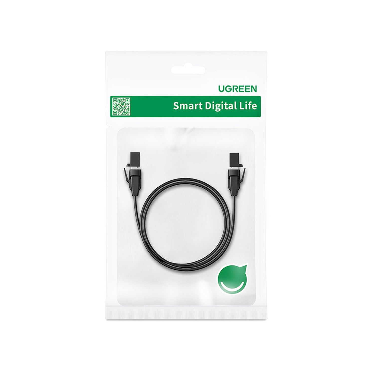 UGREEN-Kabel in einer durchsichtigen Plastikverpackung. Schwarzes Kabel, weißer Hintergrund.