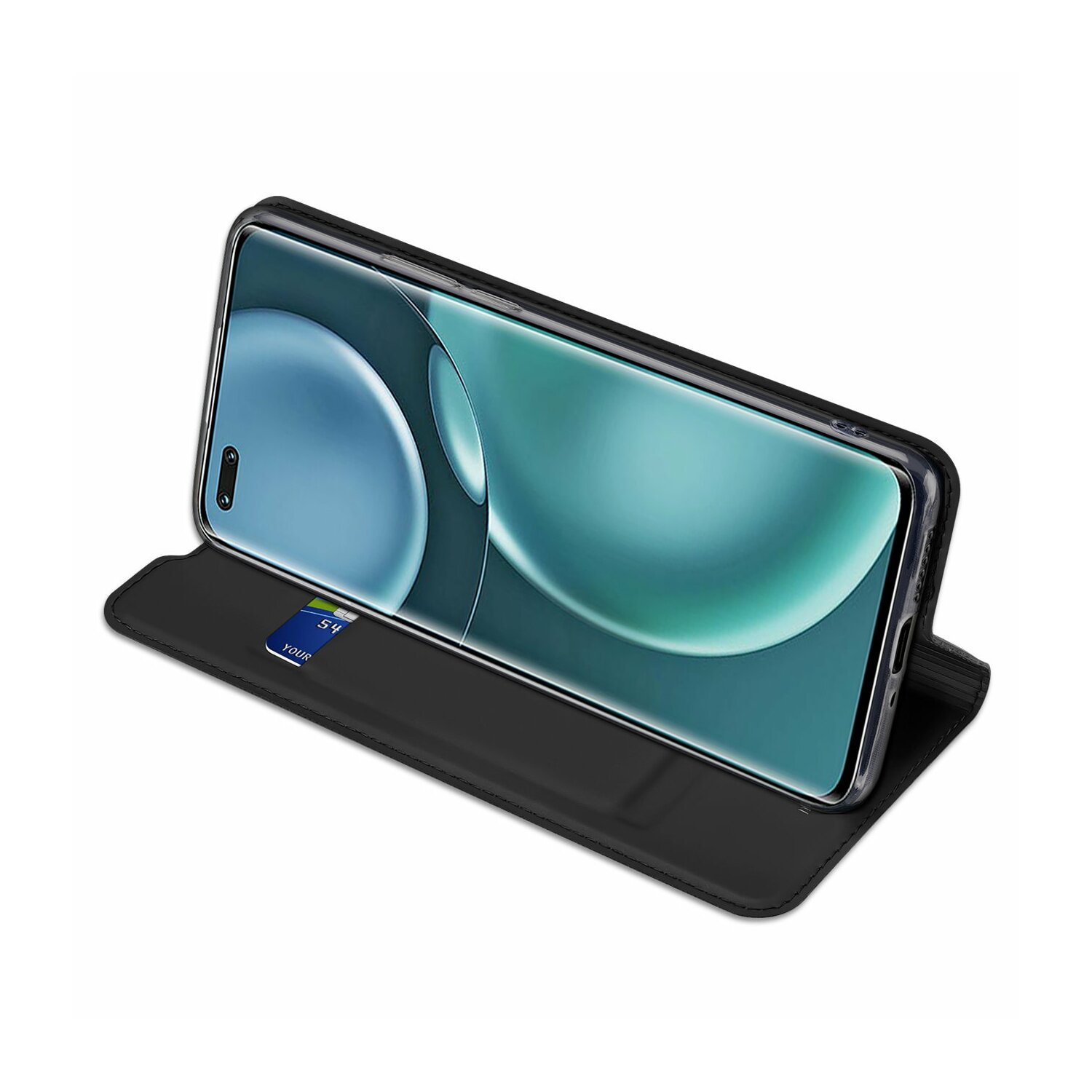 Schwarze Handyhülle mit Telefon darin, der Bildschirm des Telefons ist sichtbar. Isoliert auf weißem Hintergrund.