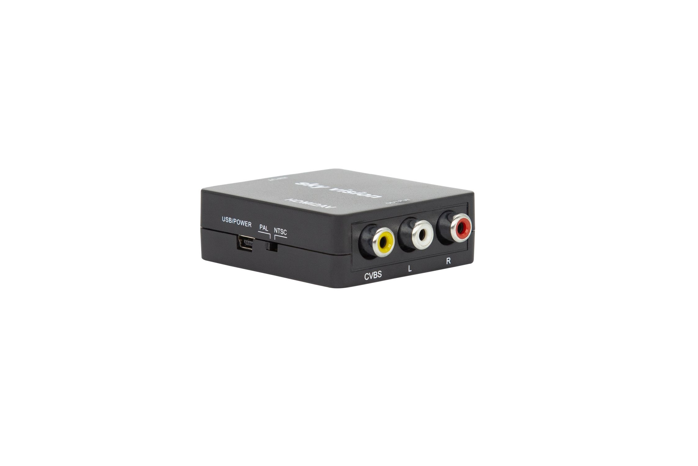 Schwarzer HDMI-zu-AV-Konverter mit mehreren Ein-/Ausgangsanschlüssen und Beschriftungen.