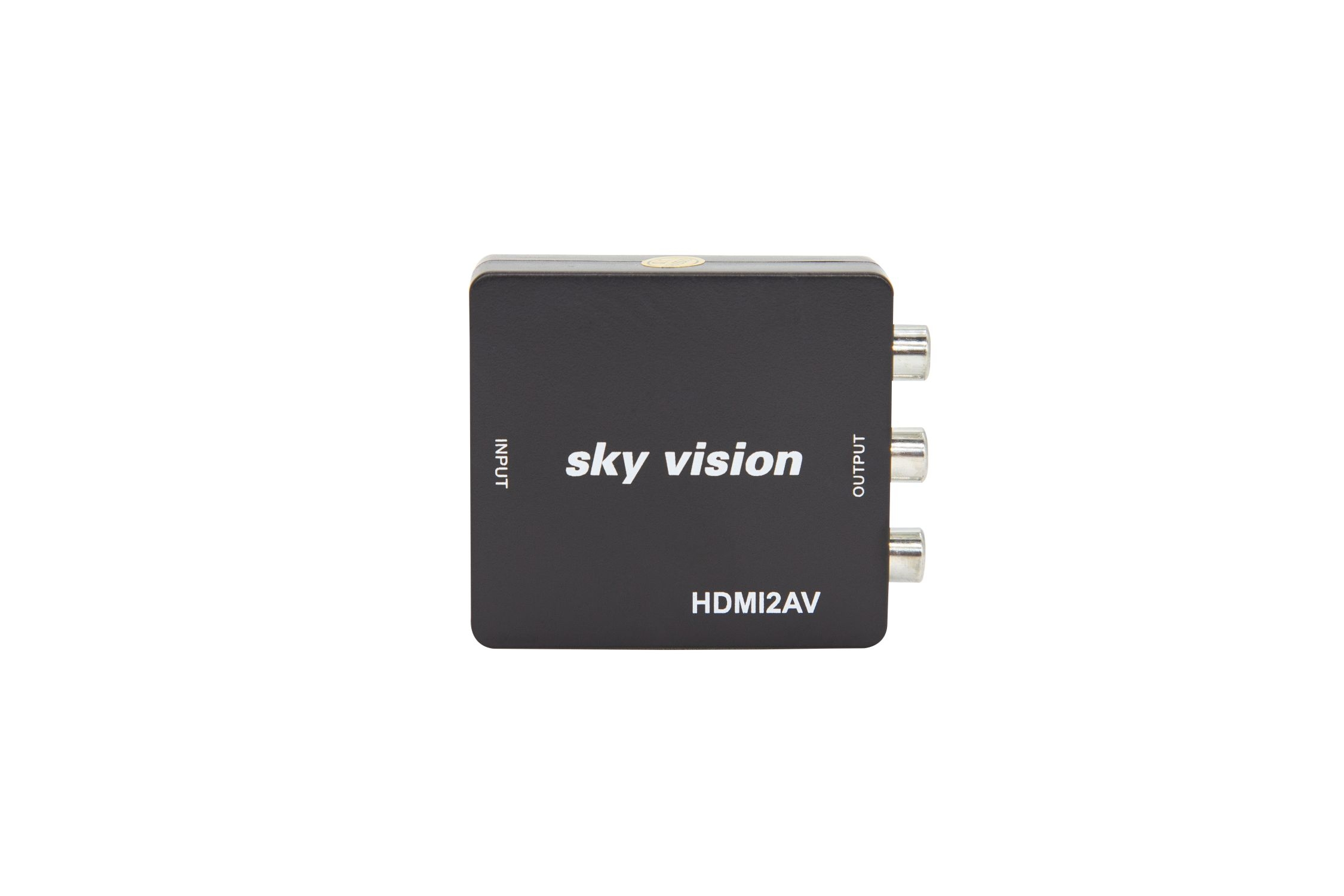 Schwarze HDMI-zu-AV-Konverterbox. Zeigt Eingangs- und Ausgangsanschlüsse und Sky Vision-Branding.