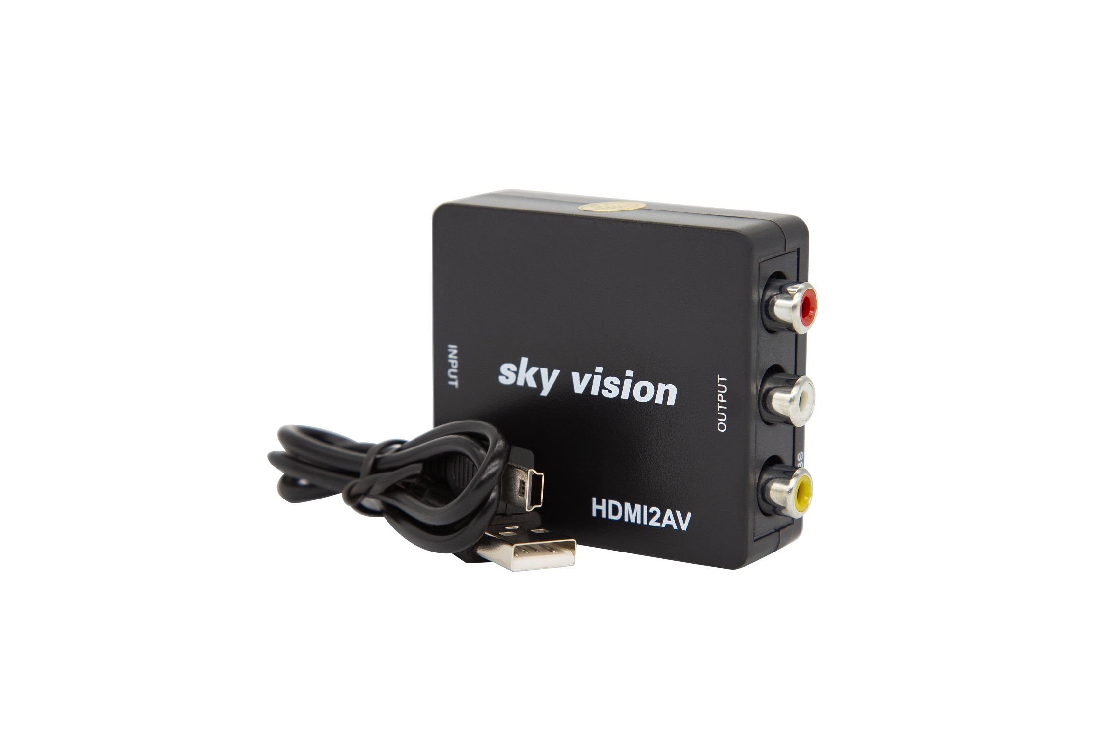 Schwarzer HDMI-zu-AV-Konverter mit Kabeln. Das Gerät befindet sich auf weißem Hintergrund.