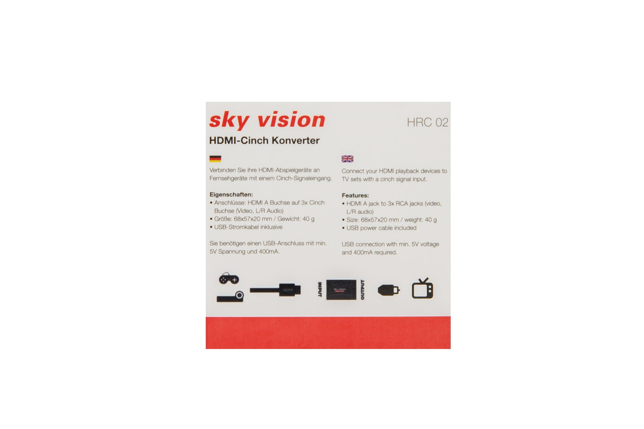 Ein Produktblatt, das den Sky Vision HDMI-Cinch-Konverter mit Text und Grafiken zeigt.