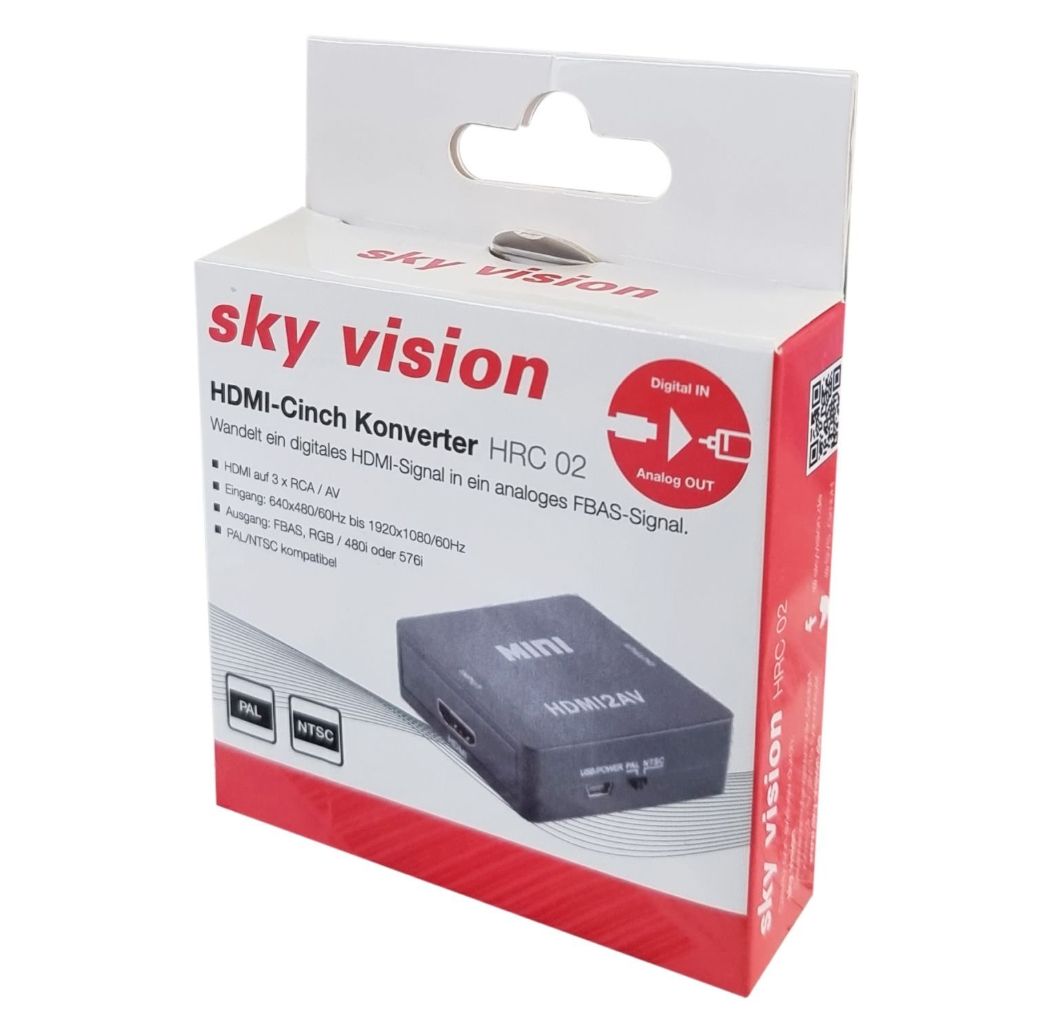 HDMI-zu-HDMI-Konverterbox mit Verpackung und Produktbeschreibung.