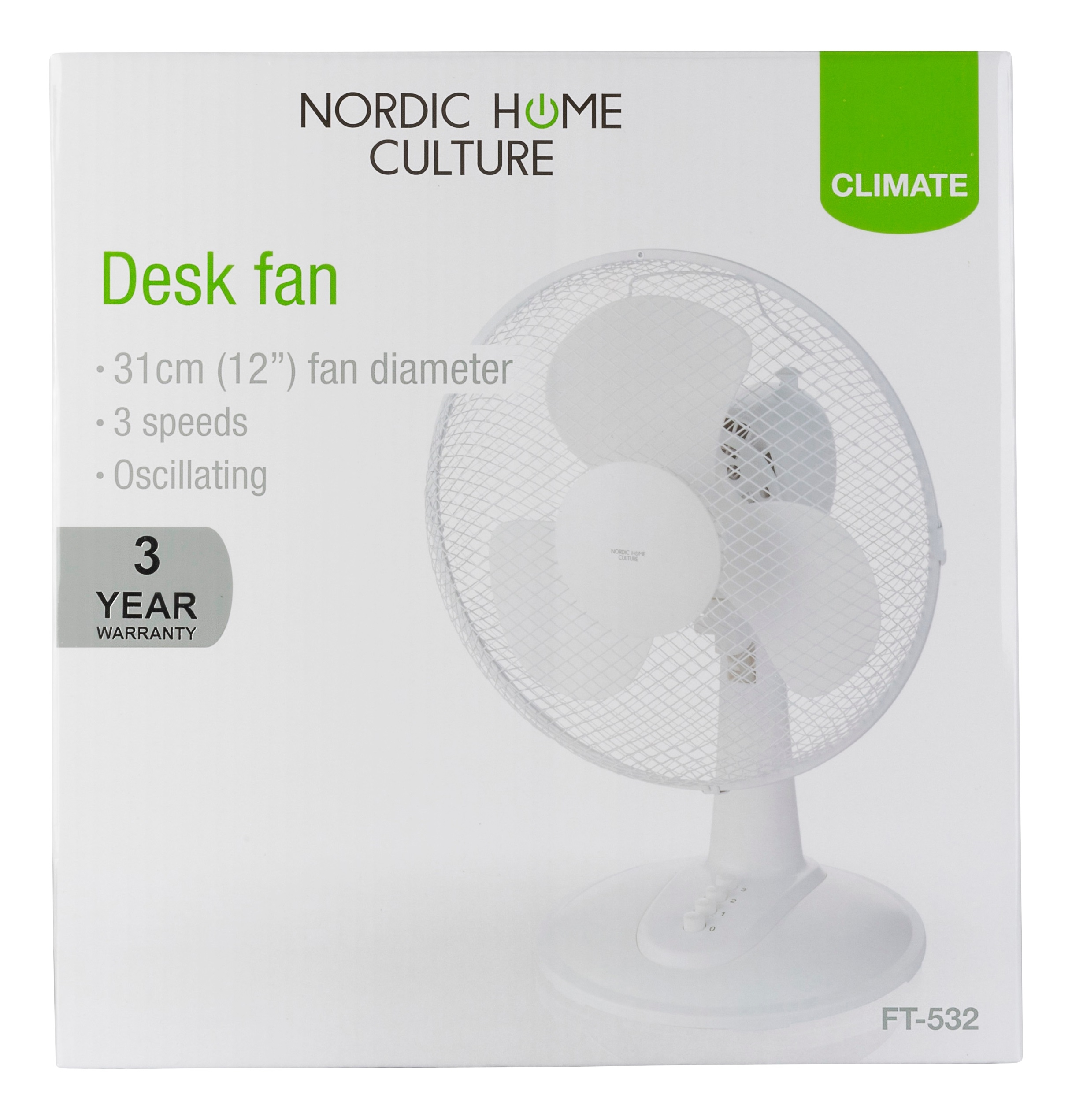 Ein weißer Schreibtischventilator in einer Box mit Text, 'Desk fan' und '3 YEAR WARRANTY'.
