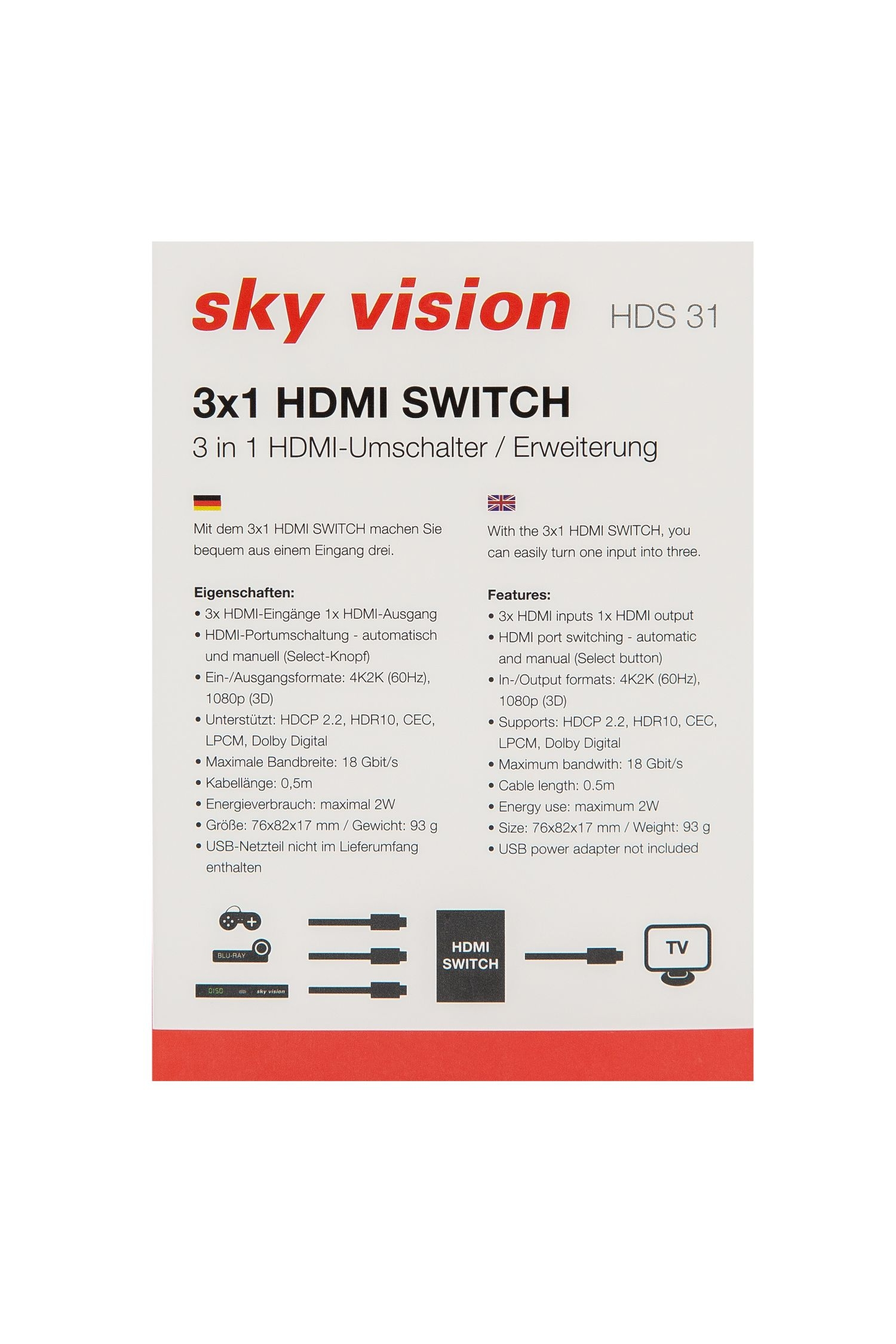OUT HDMI 1029 1X ERWEITERUNG IN SKY V Anschluß-Erweiterung (3X UMSCHALTER VISION HDMI