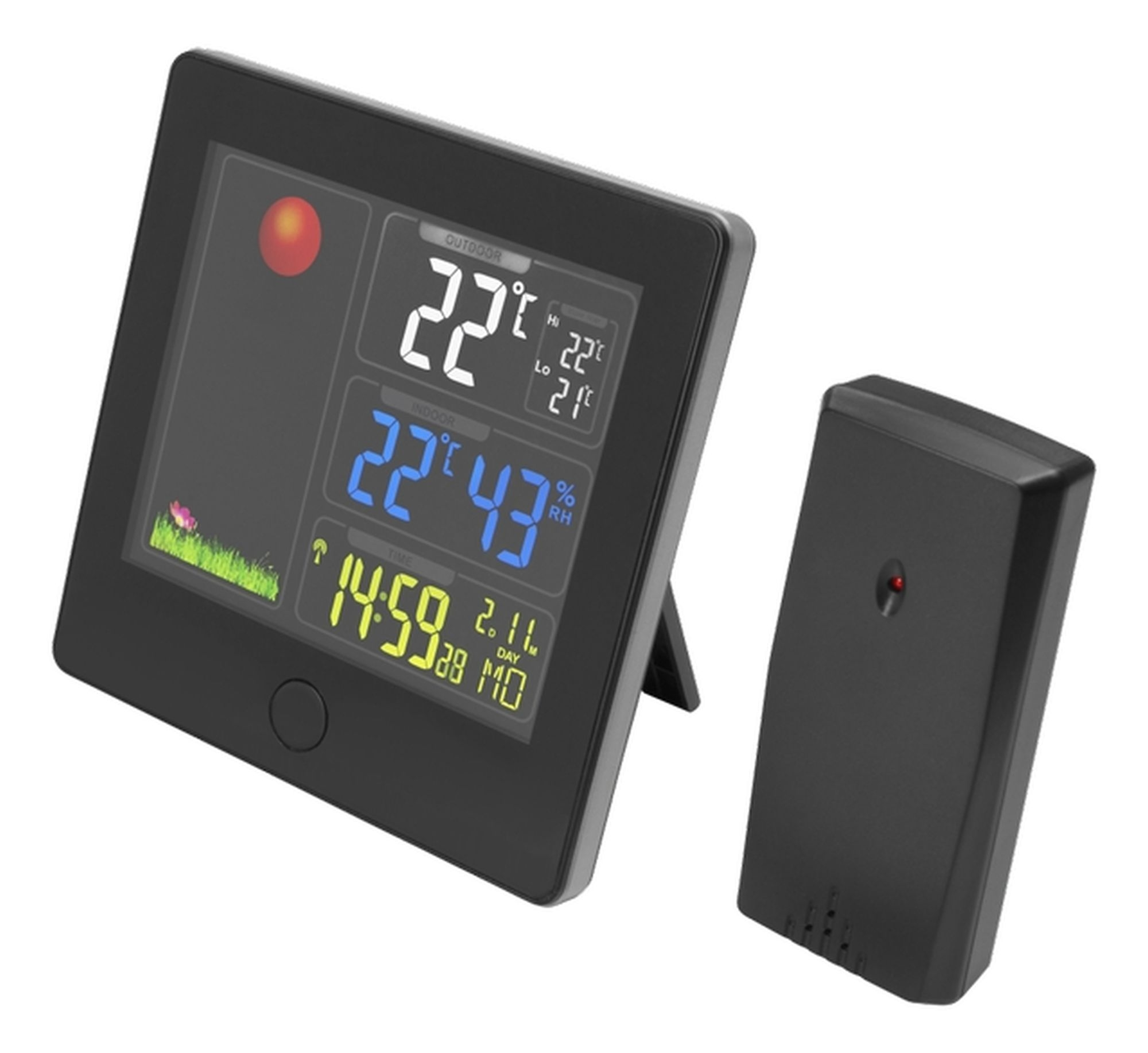 Schwarze Wetterstation mit Display und Fernsensor. Zeigt Zeit- und Wetterinfos.