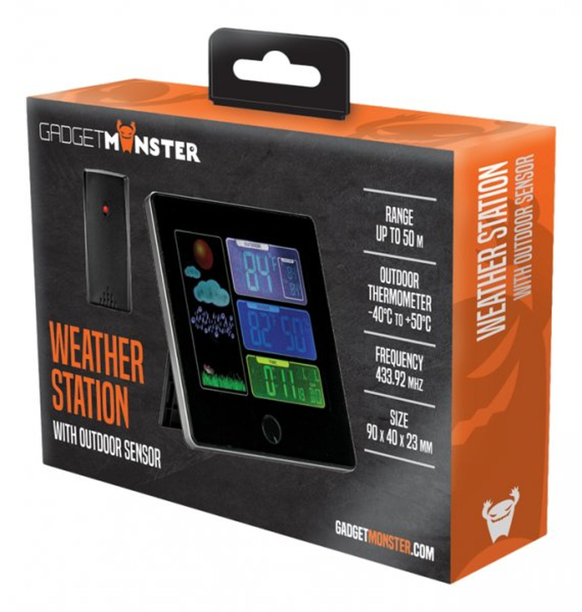 Wetterstationsbox mit Wetteranzeige und Text über ihre Funktionen und Reichweite.