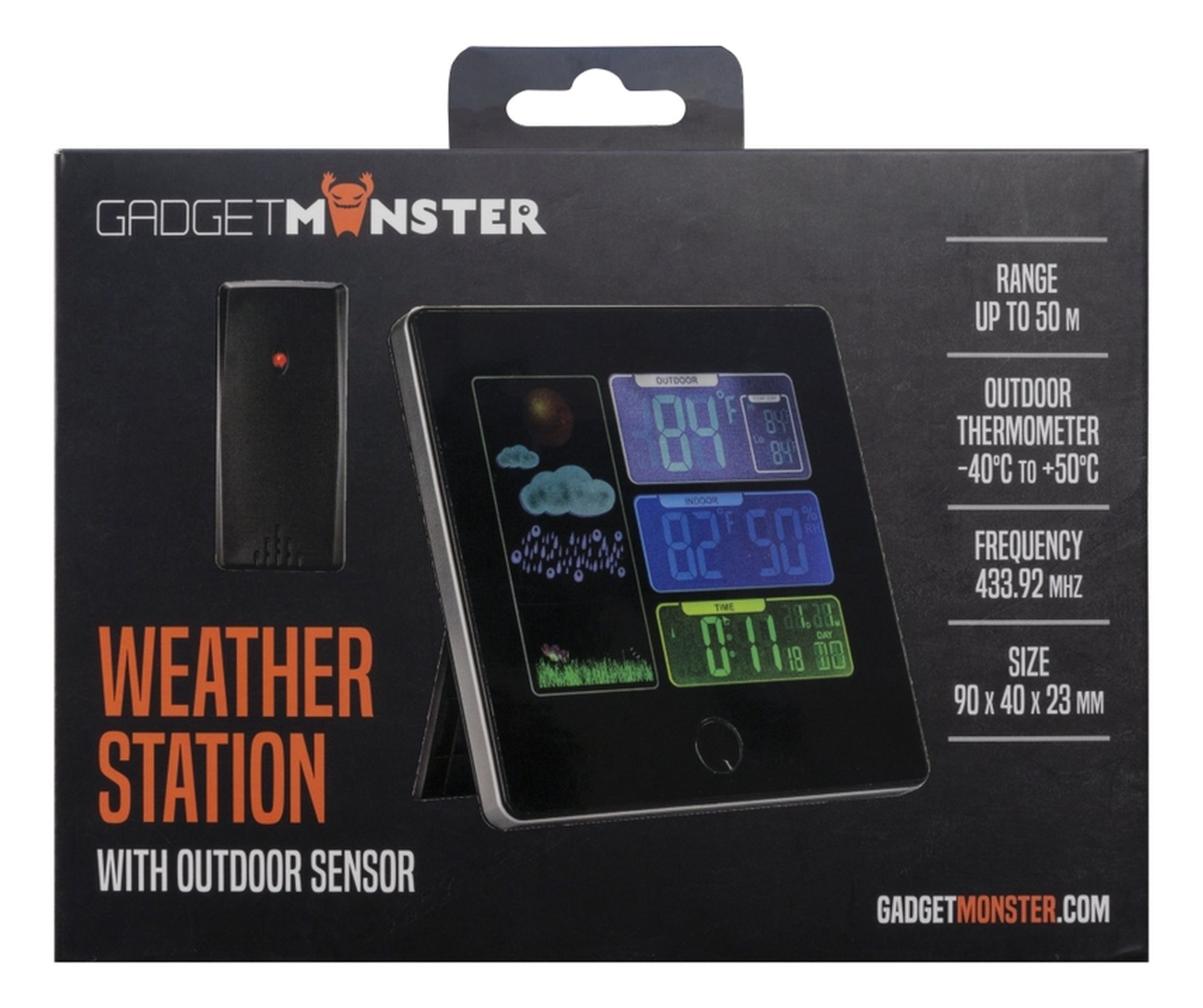 Eine Wetterstation in einer Box. Das Display zeigt Temperatur und Uhrzeit an. Text: 'Wetterstation'.