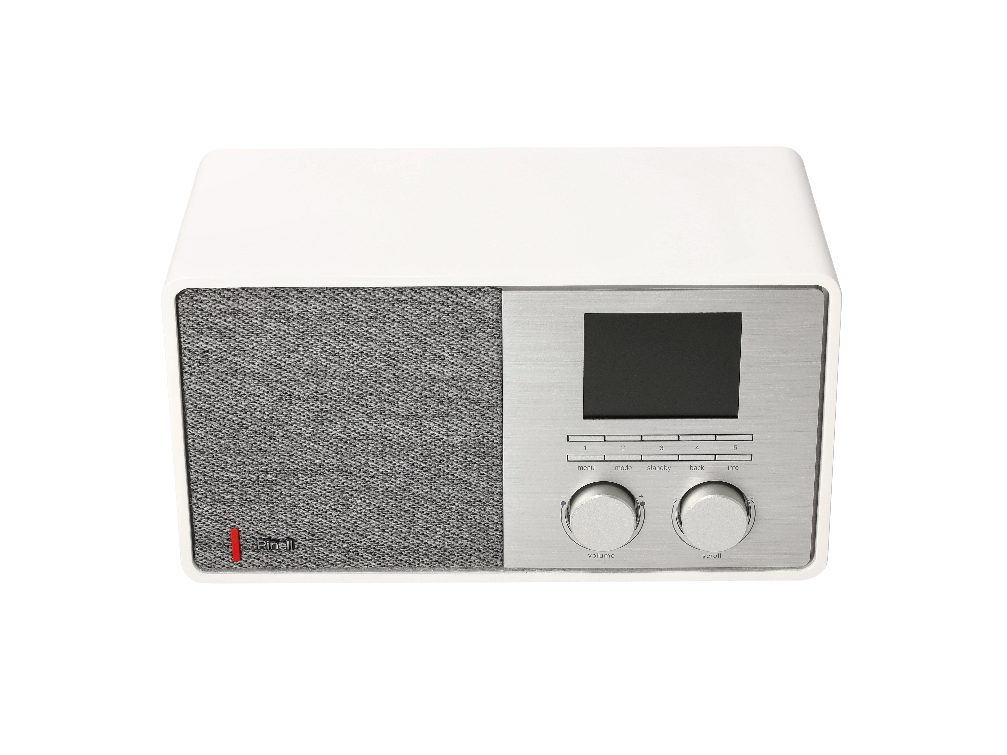 A white radio with a speaker and a display, with buttons and knobs.