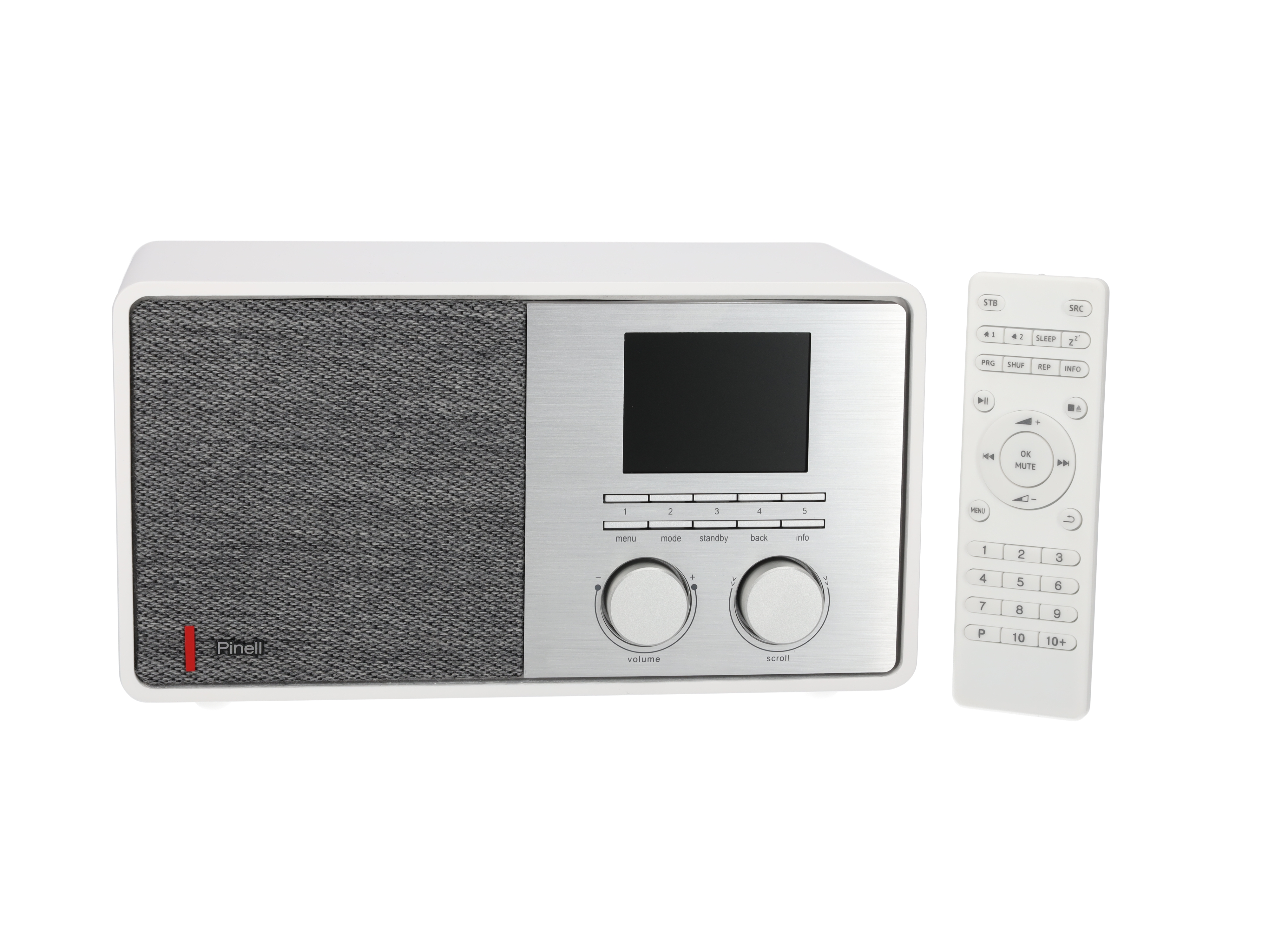 White radio with a speaker, screen, buttons, and a remote on a white background.