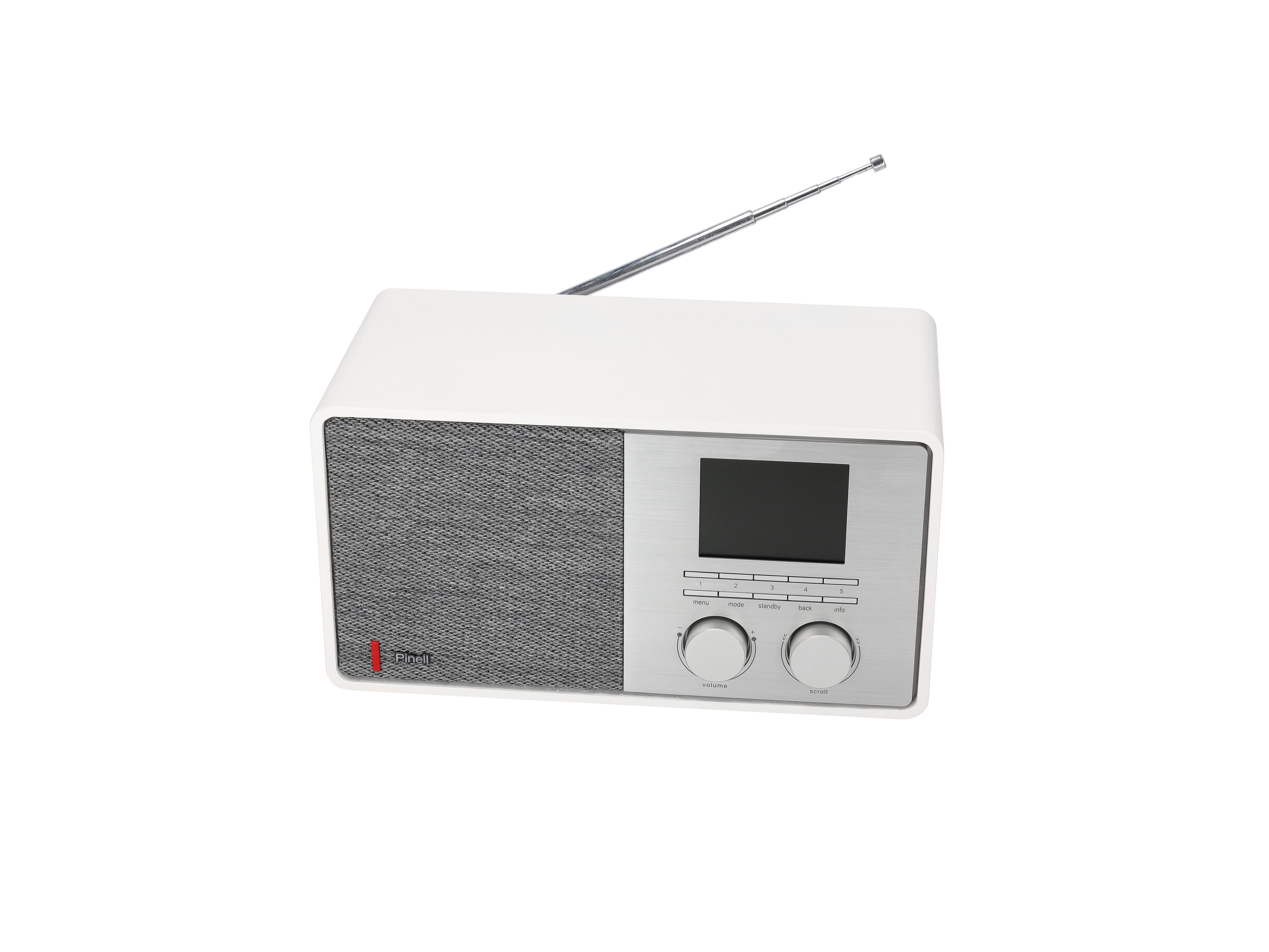 White radio with antenna and display. Knobs and buttons visible.