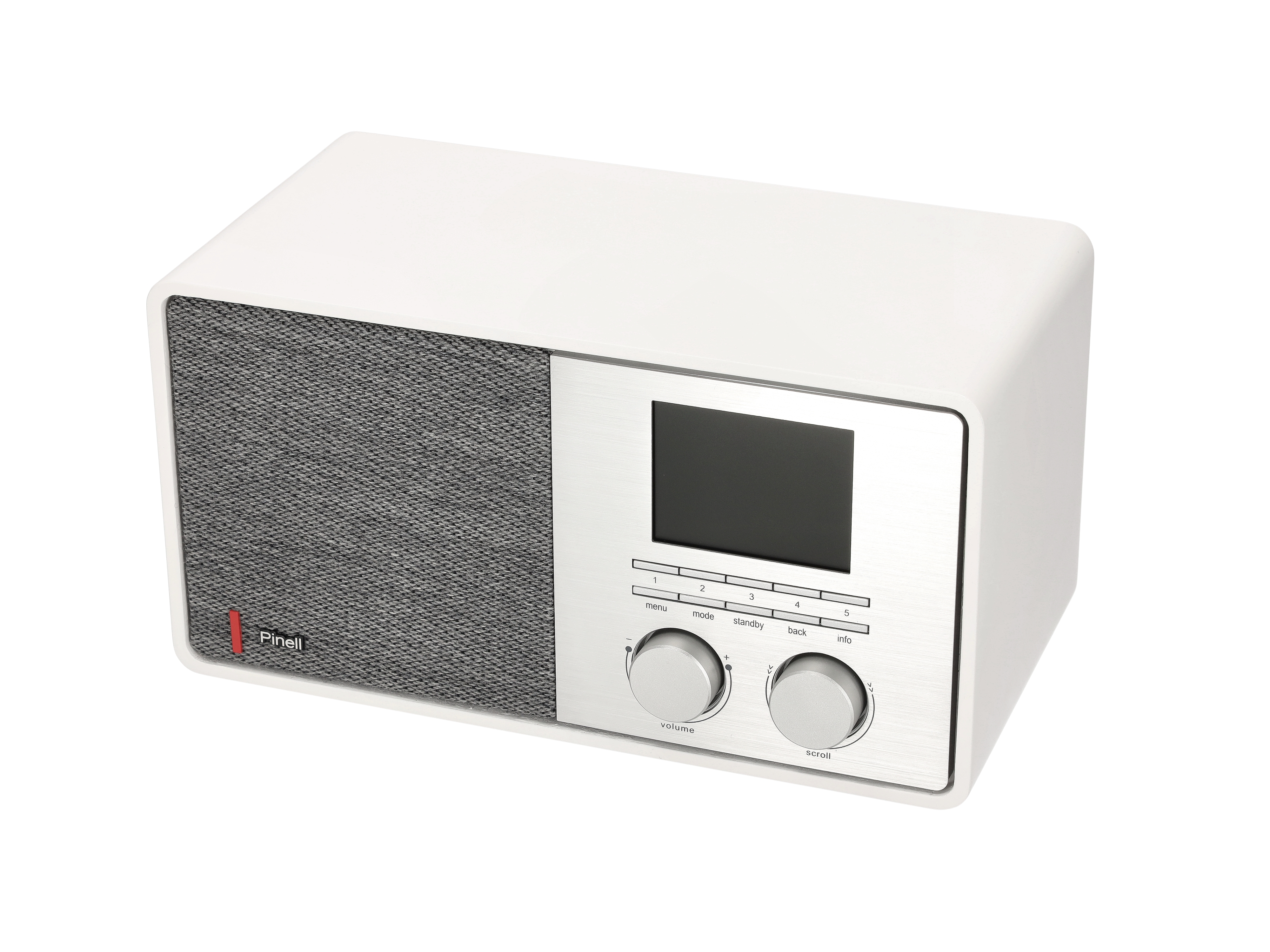 White radio with a gray speaker, black display, and silver control knobs.