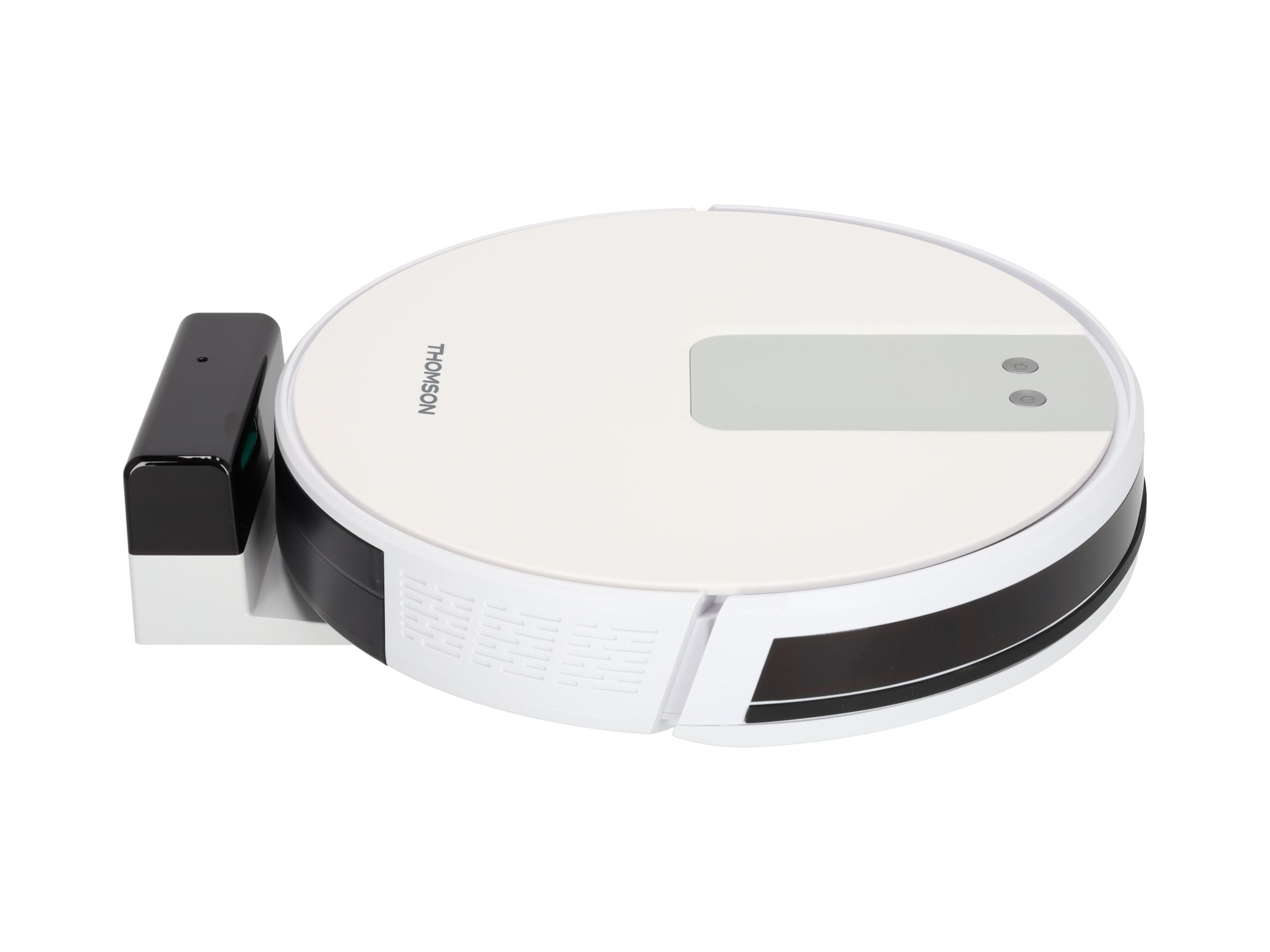 Ein weißer Roboter-Staubsauger mit einer schwarzen Ladestation. Das Thomson-Logo ist sichtbar.