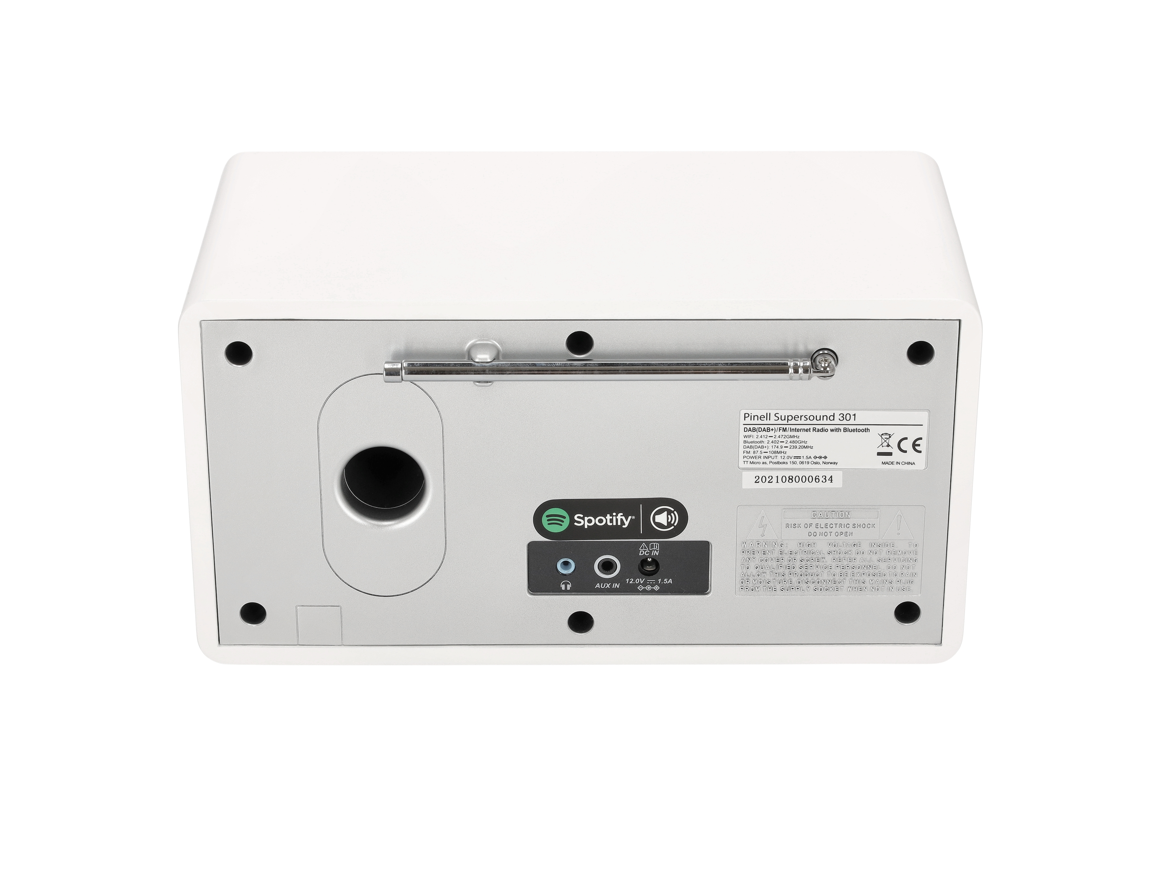 The rear of a white speaker with Spotify and other logos. It has several ports and a radio antenna.