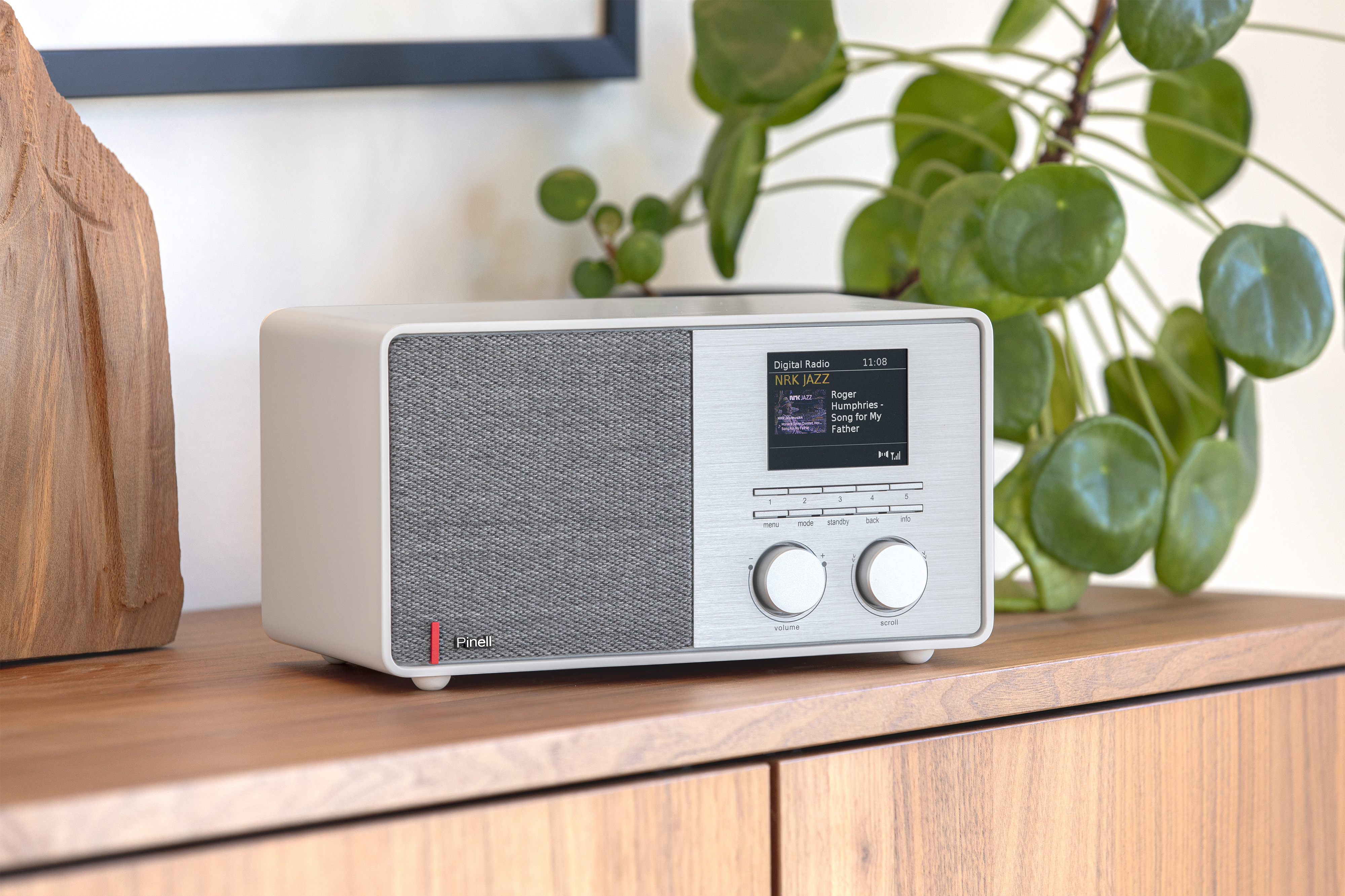 A white radio with a screen, a wood cabinet, and a plant in the background. The screen shows the time.