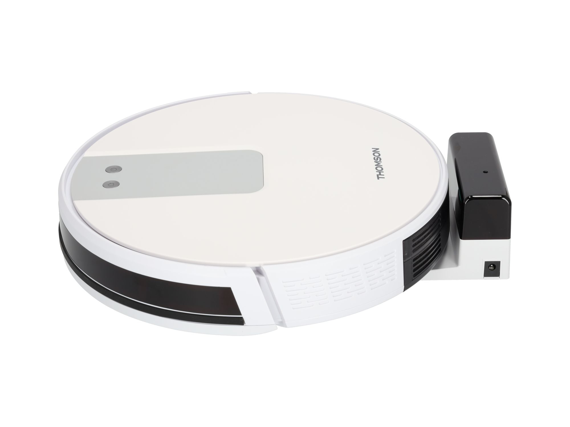 Roboter-Staubsauger auf Weiß, mit Ladestation rechts.