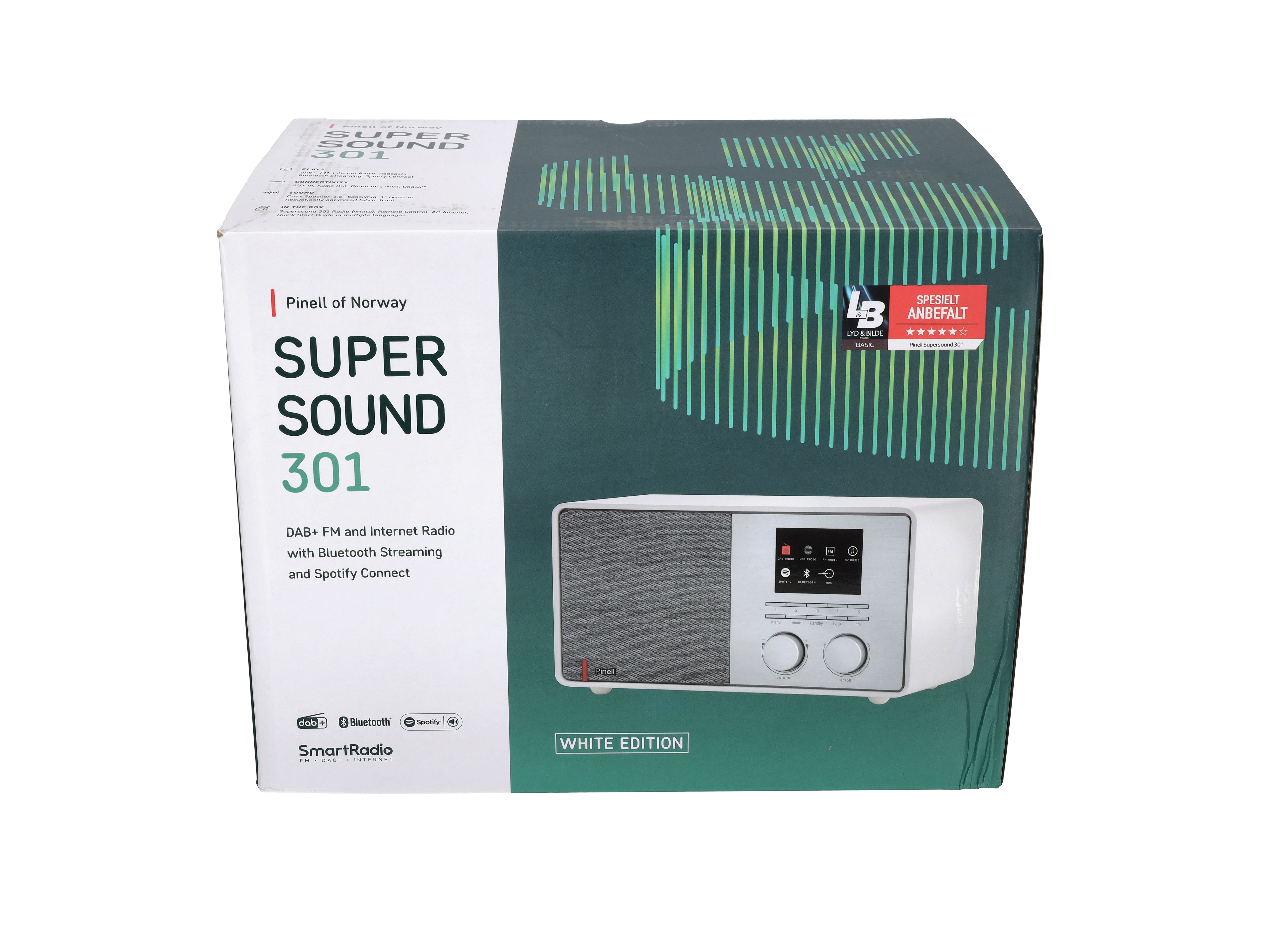 White radio in a box, with a screen and buttons. The box has text and a logo.
