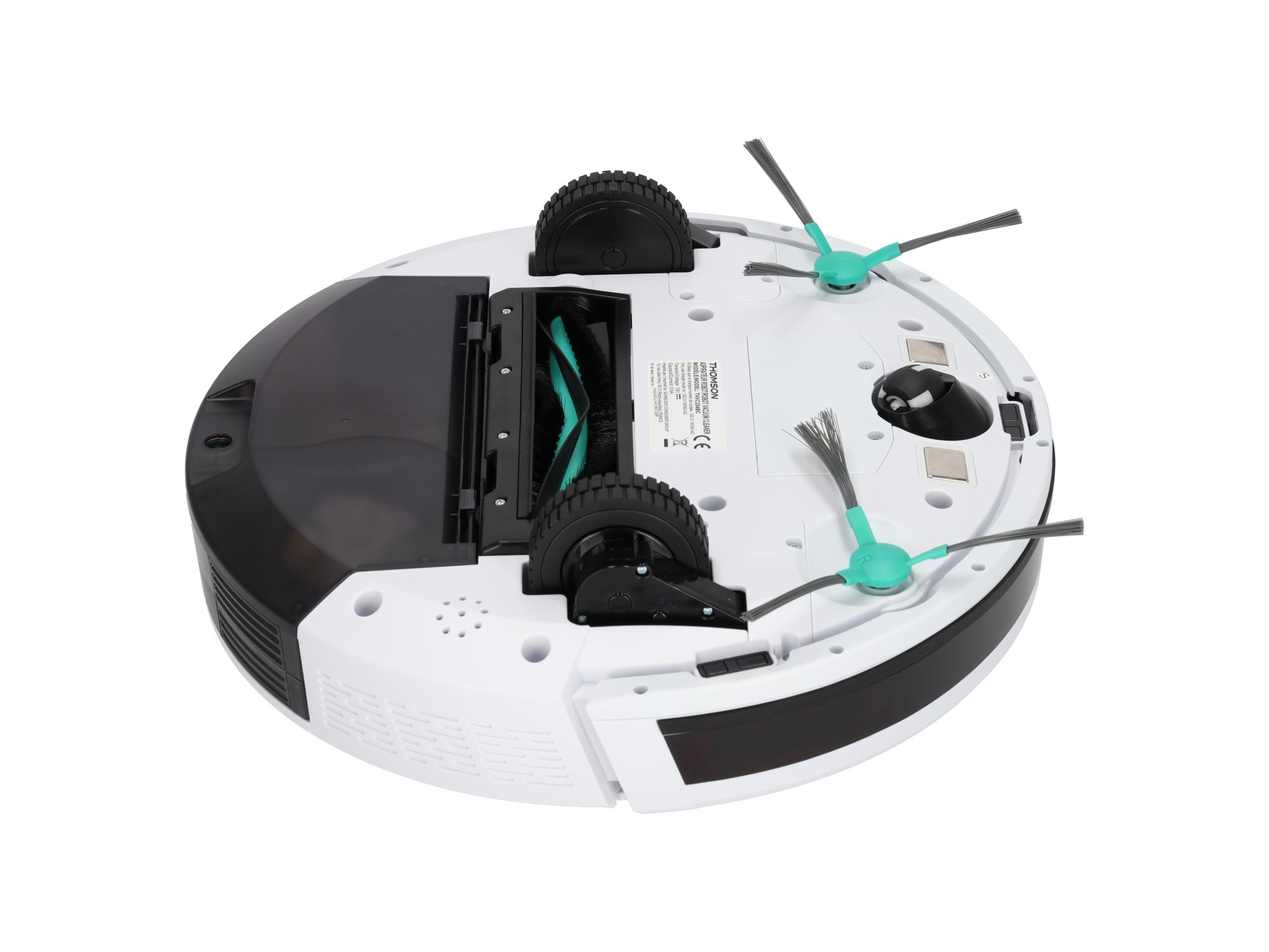 Roboter-Staubsauger, weiße Oberseite. Es hat Bürsten und Räder, Unteransicht. Sauberes und modernes Design.