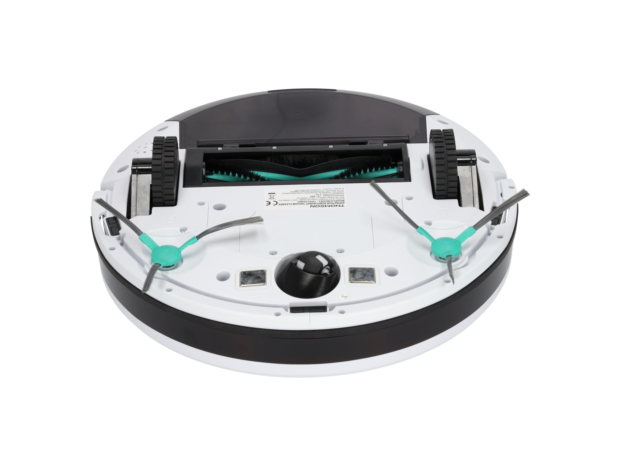 Roboter-Staubsauger, weiß und schwarz mit Rädern und Bürsten, auf weißem Hintergrund.