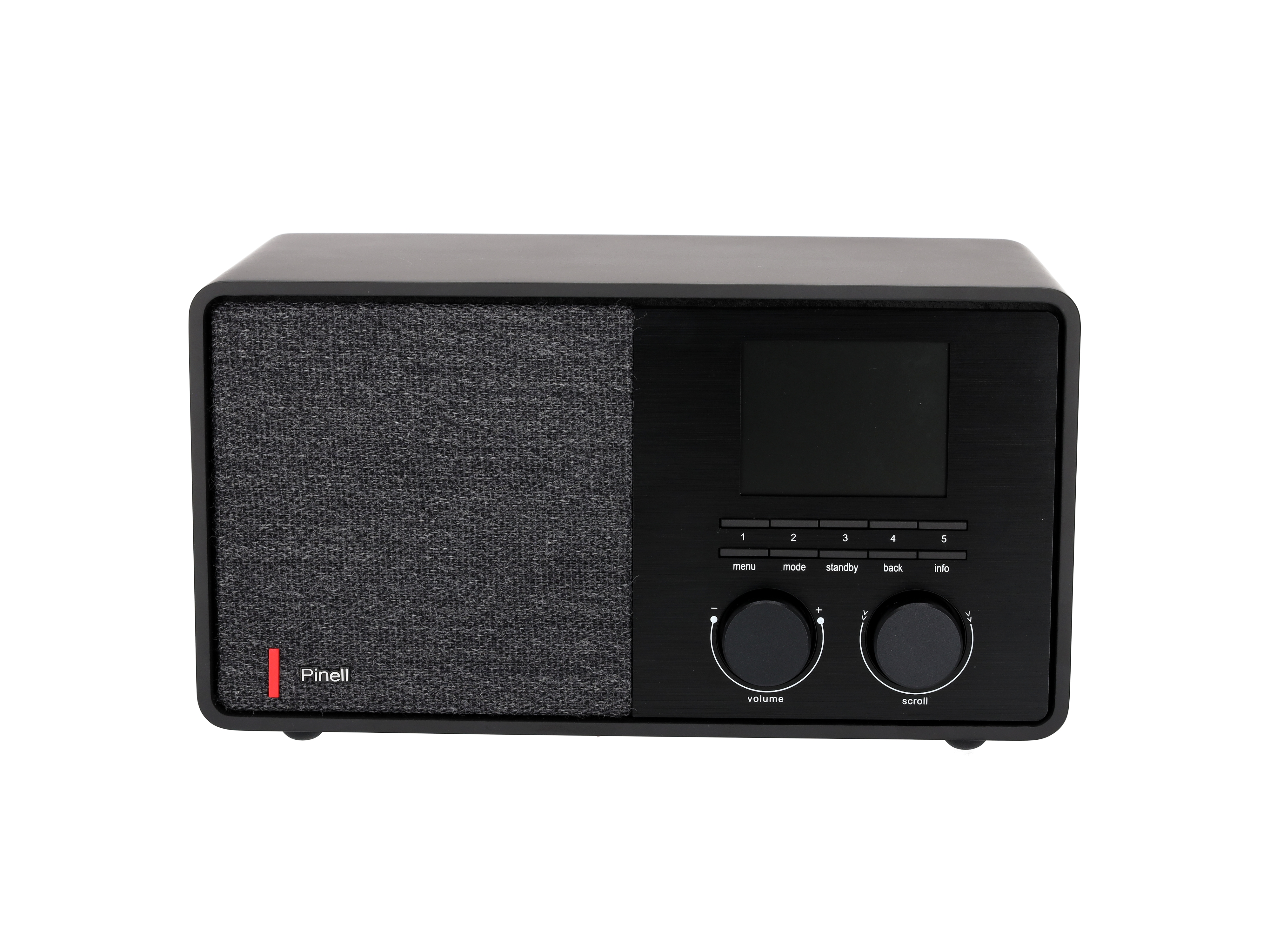 Une radio noire avec un haut-parleur en mesh gris et un petit écran. Elle a des boutons de volume et de défilement.