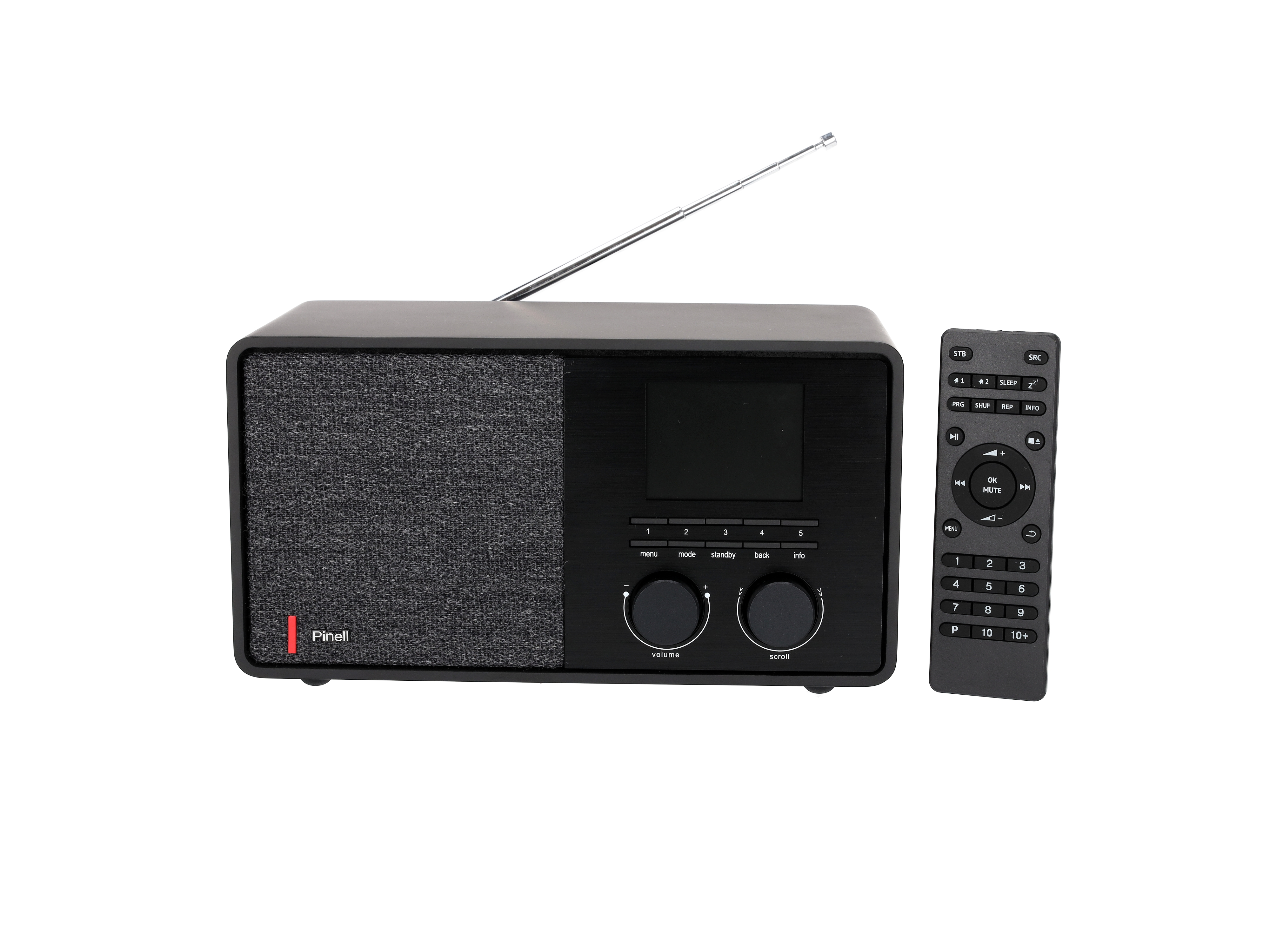 Radio numérique noire avec écran, boutons et télécommande à droite. La radio a une antenne.