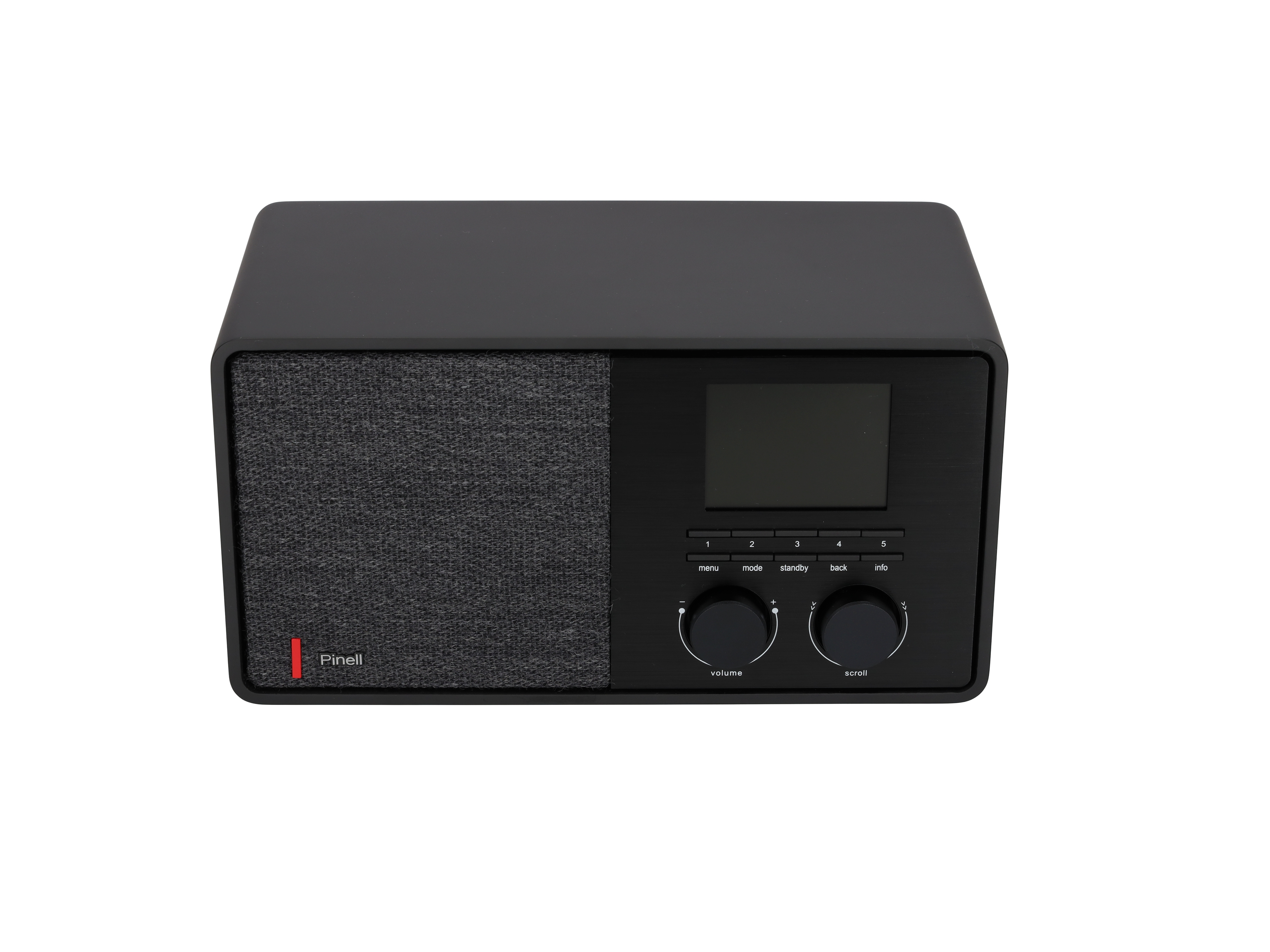 Radio noire de style rétro avec haut-parleur en tissu et écran, avec boutons et molettes.