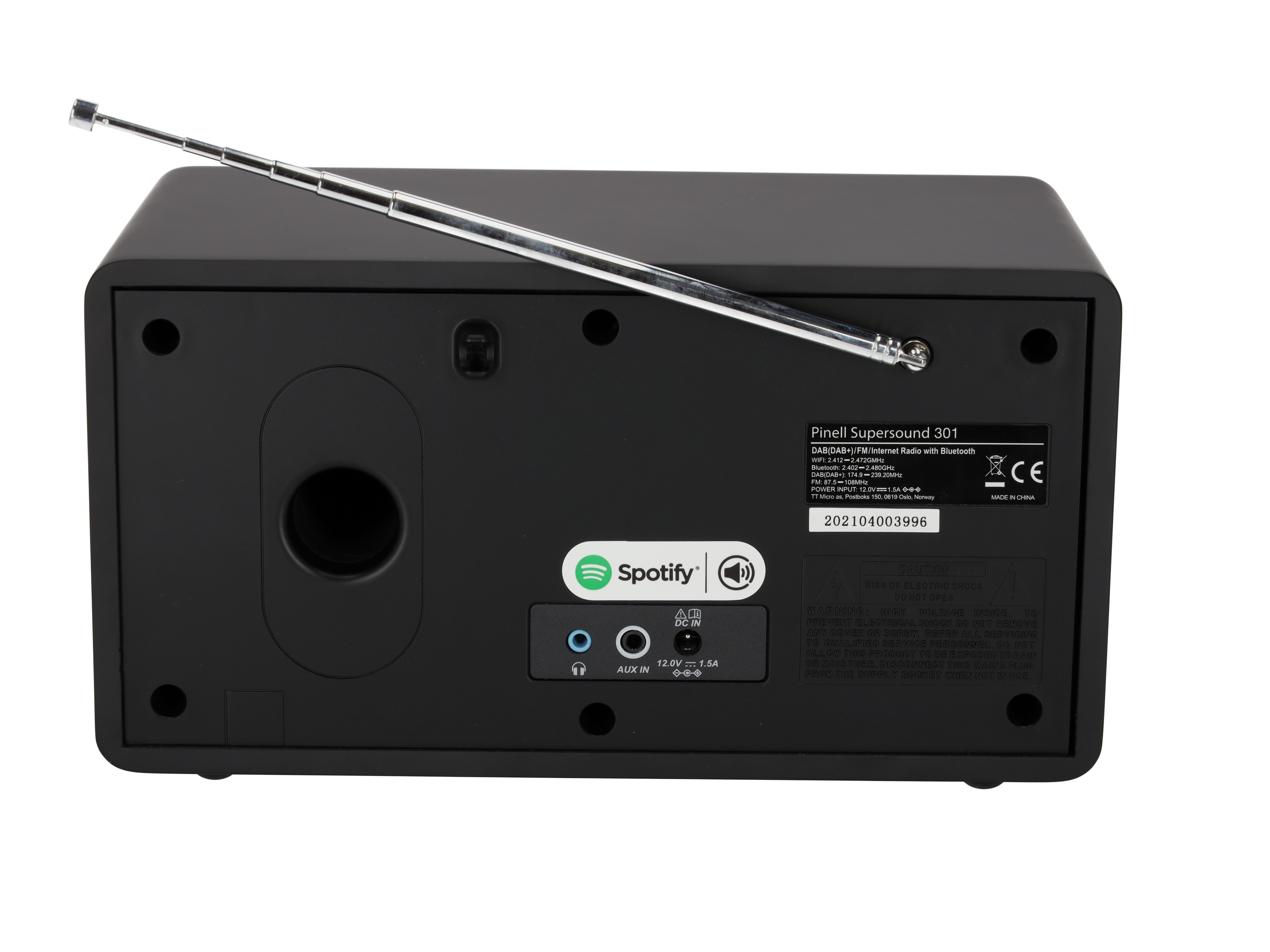 Vue arrière d'une radio noire avec antenne. Elle a des logos Spotify et Bluetooth.