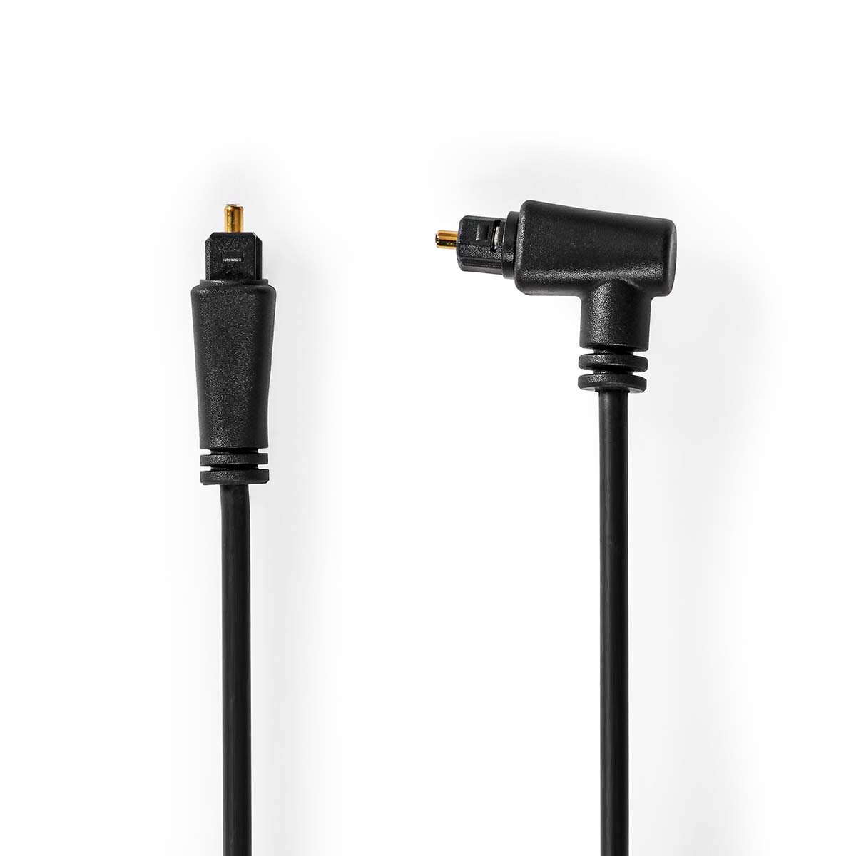 Optisches Audiokabel mit gewinkeltem Stecker auf weißem Hintergrund. Schwarzes Kabel mit goldenen Spitzen.