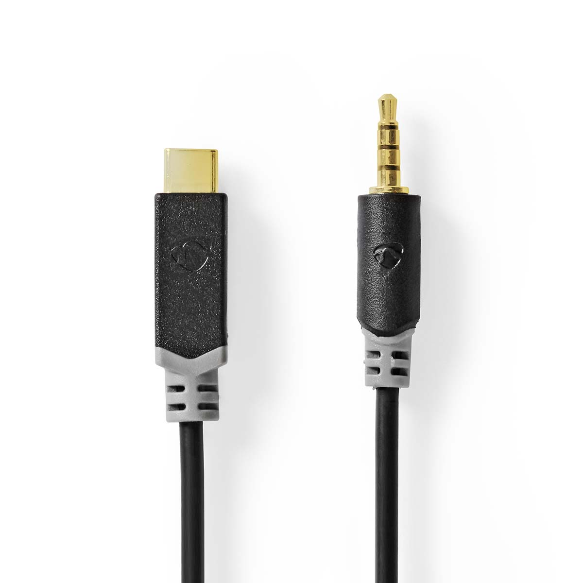USB-C-zu-3,5-mm-Audio-Adapterkabel, schwarz und grau.