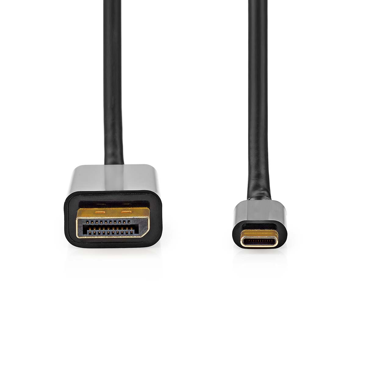 Zwei schwarze DisplayPort-Kabel auf weißem Hintergrund.