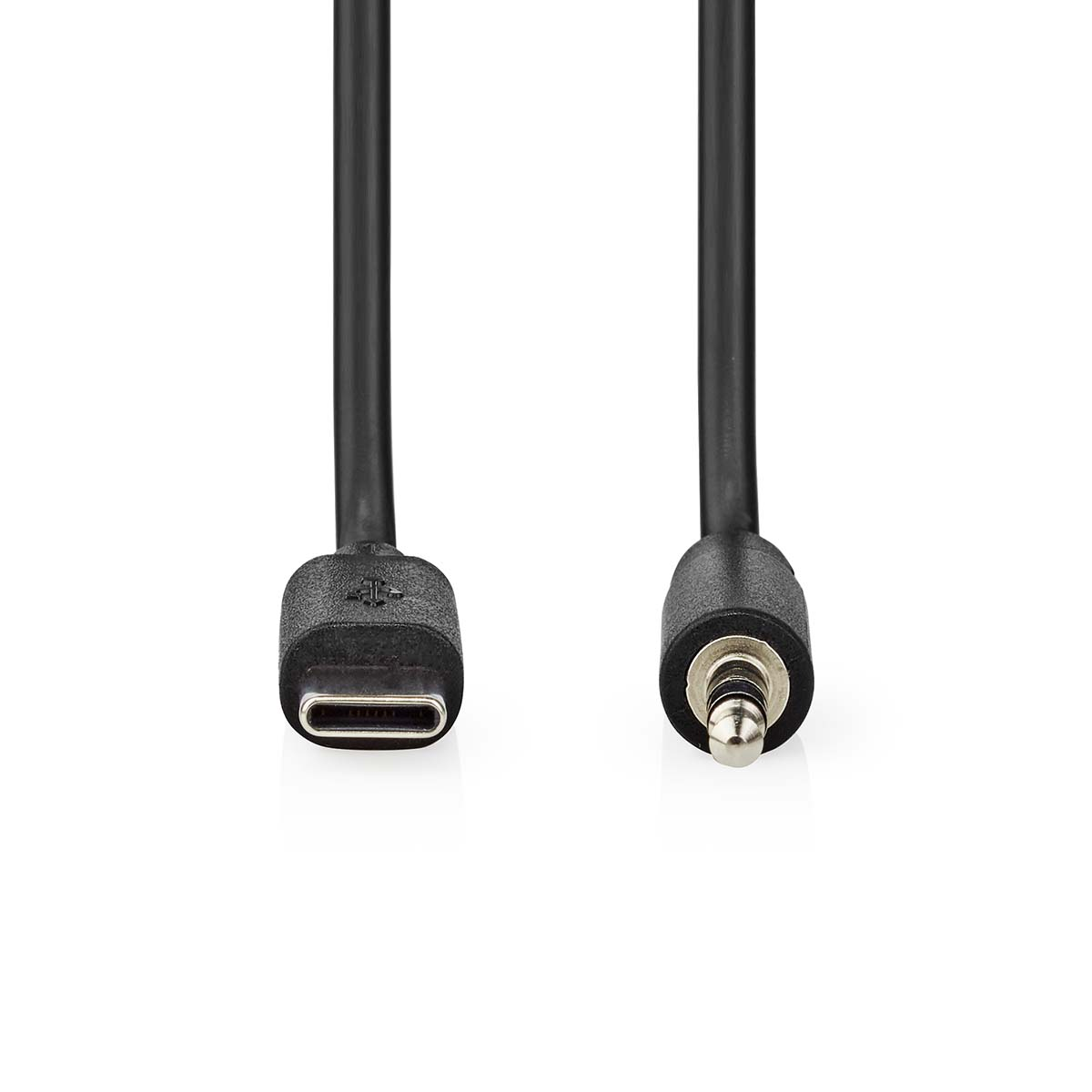 Cavo nero con connettori USB-C e 3,5 mm. Lo sfondo è bianco.