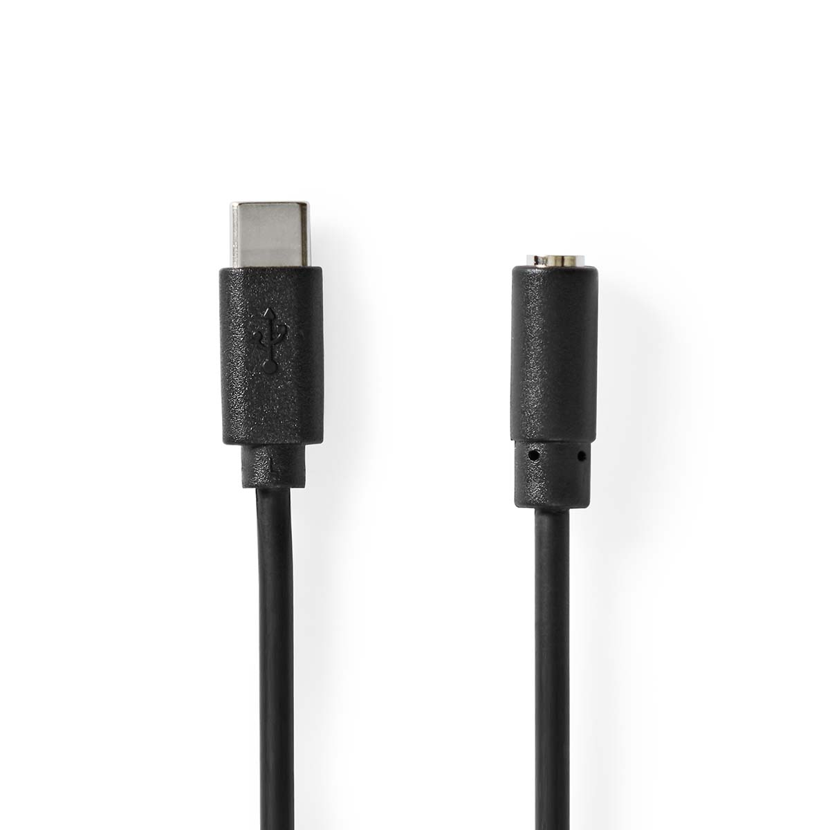 Black USB-C to 3.5mm audio cable on a white background.