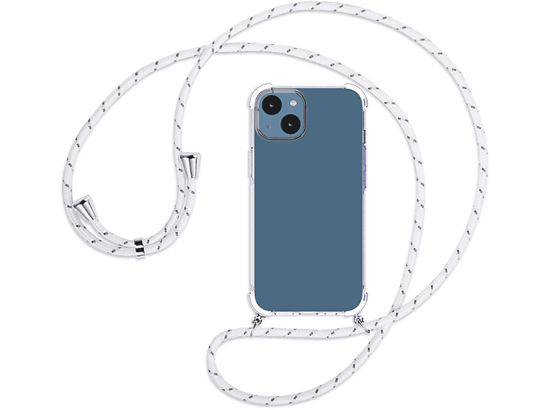 MTB MORE ENERGY Umhänge-Hülle mit Backcover, silber 14, / Weiß+Grau Kordel, iPhone Apple