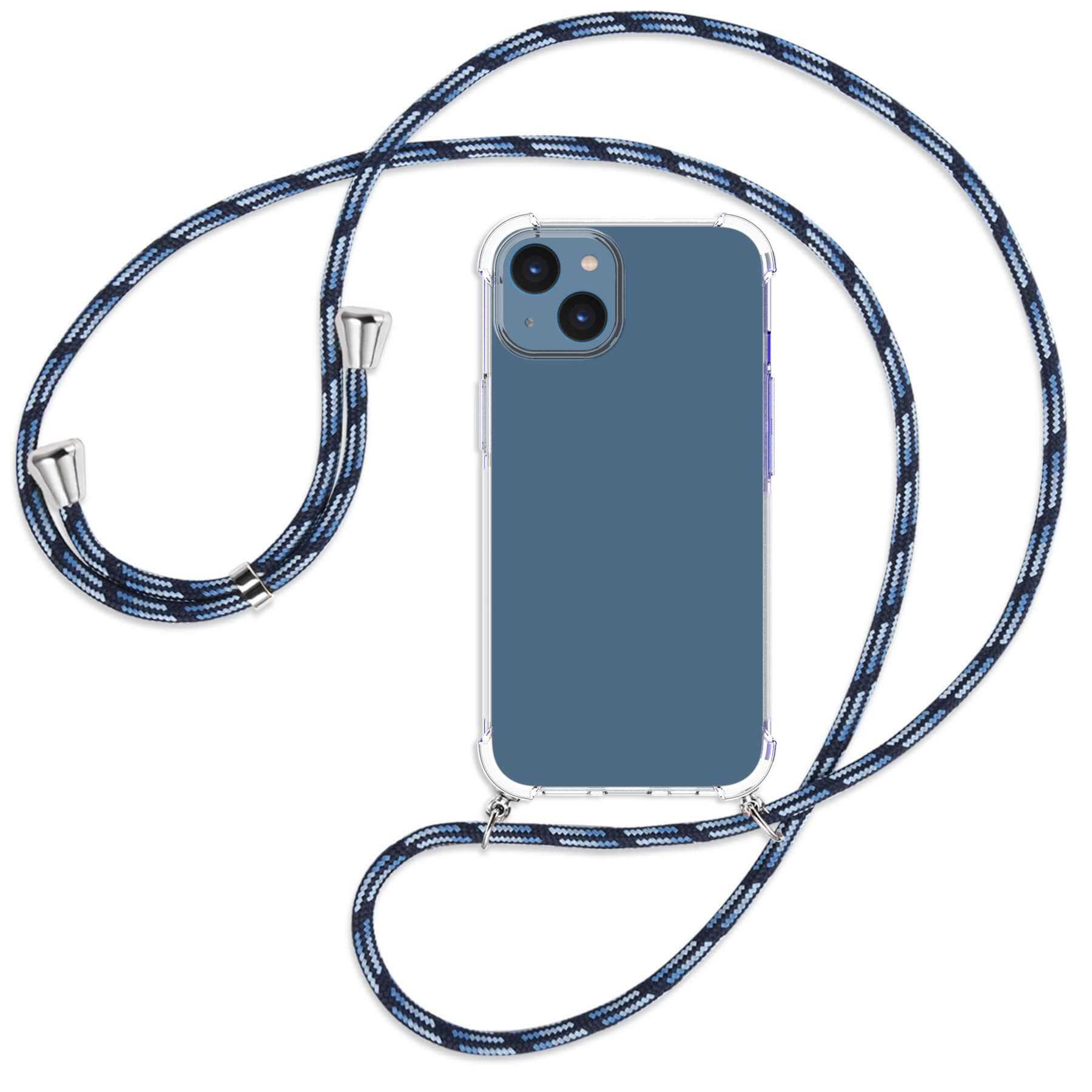 MTB MORE ENERGY mit Apple, Backcover, Umhänge-Hülle / Blau gestreift iPhone 14, silber Kordel