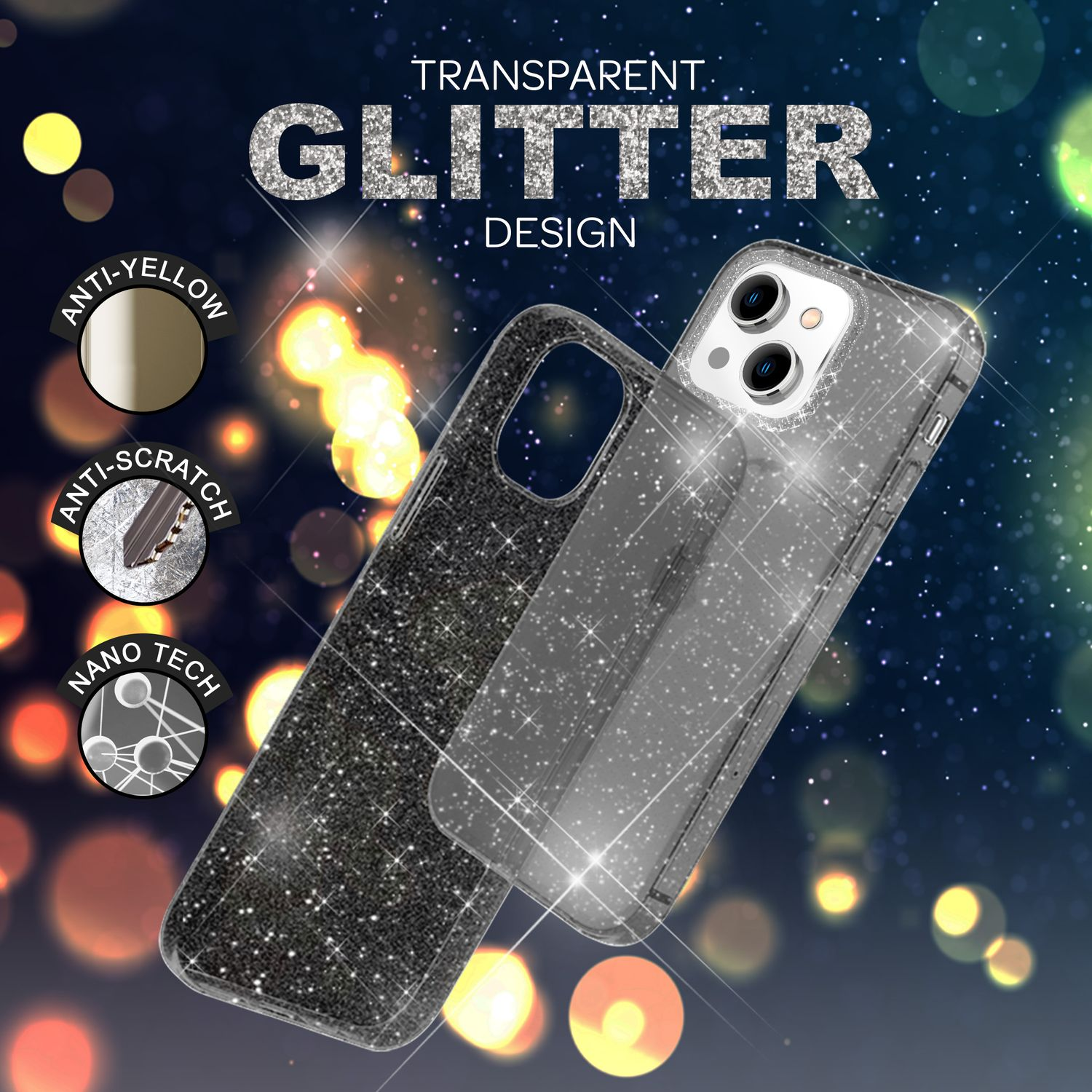 Funda de teléfono con purpurina con características antiamarilleo, antiarañazos y nanotecnología. Diseño transparente.