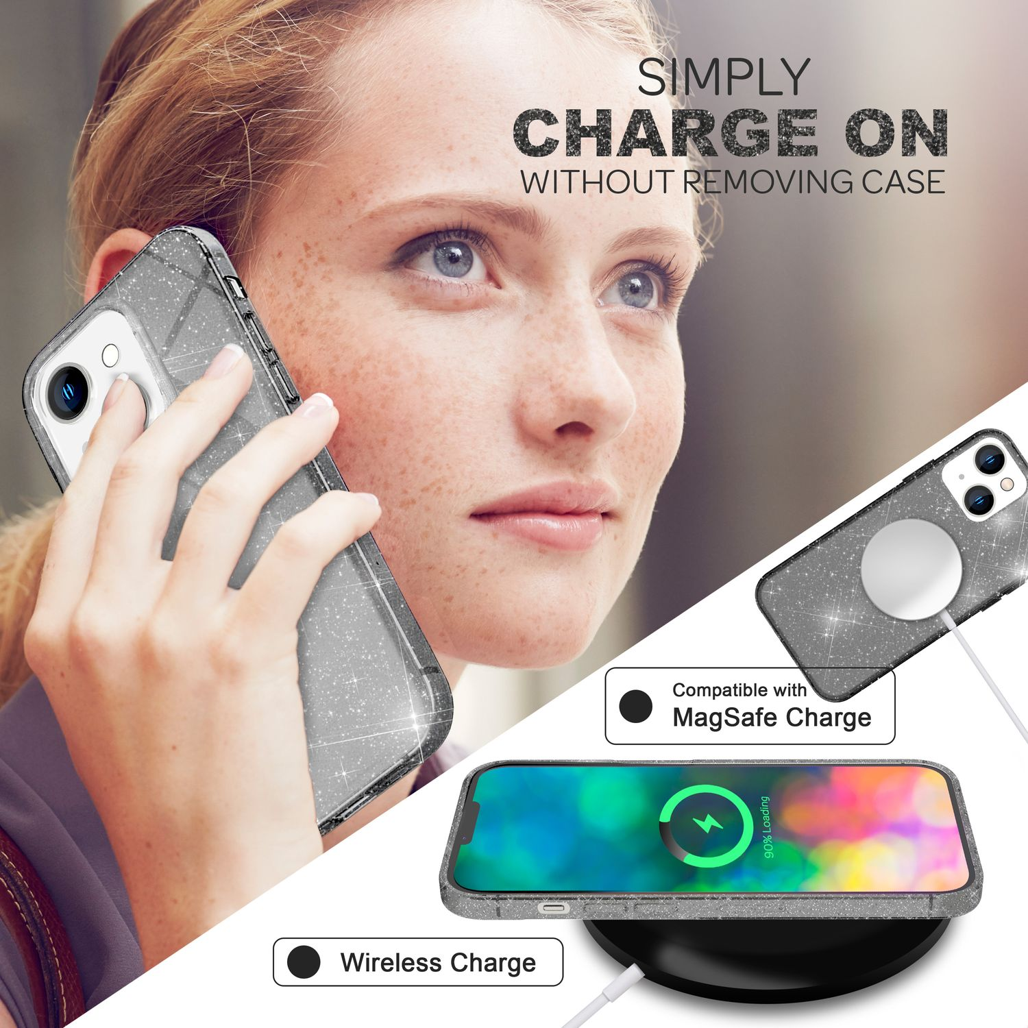 Mujer con teléfono en funda brillante, cargando inalámbricamente en una base, con otro teléfono.