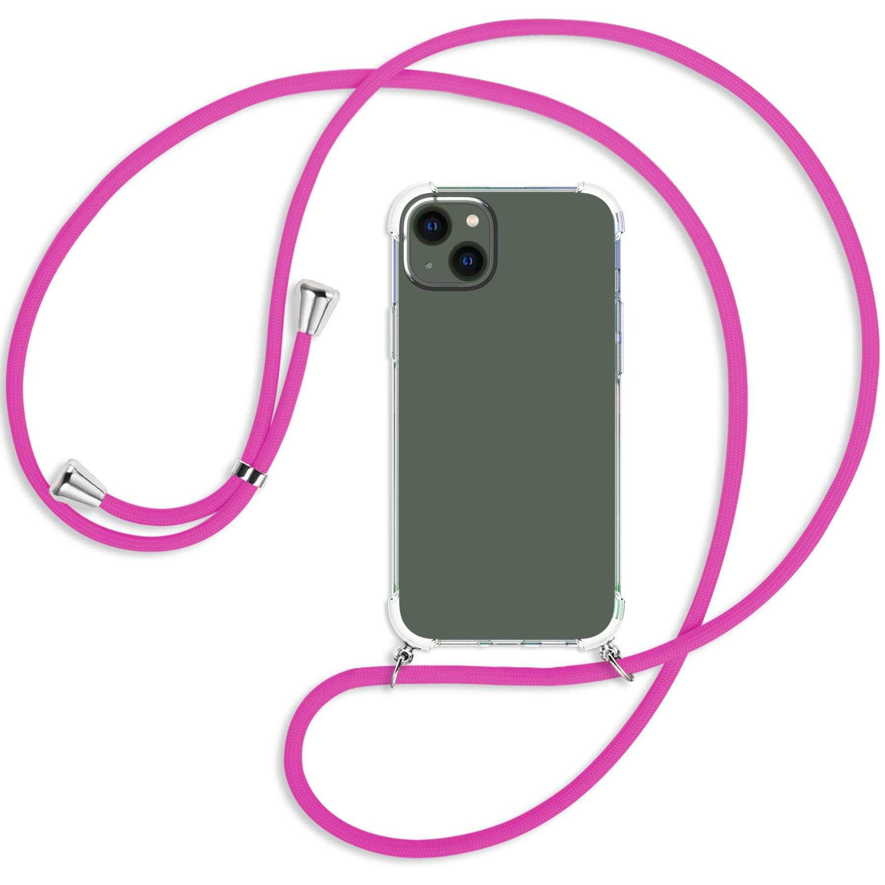 MTB MORE ENERGY Umhänge-Hülle iPhone silber Kordel, mit Pink Apple, Backcover, Hot 14 Plus, 