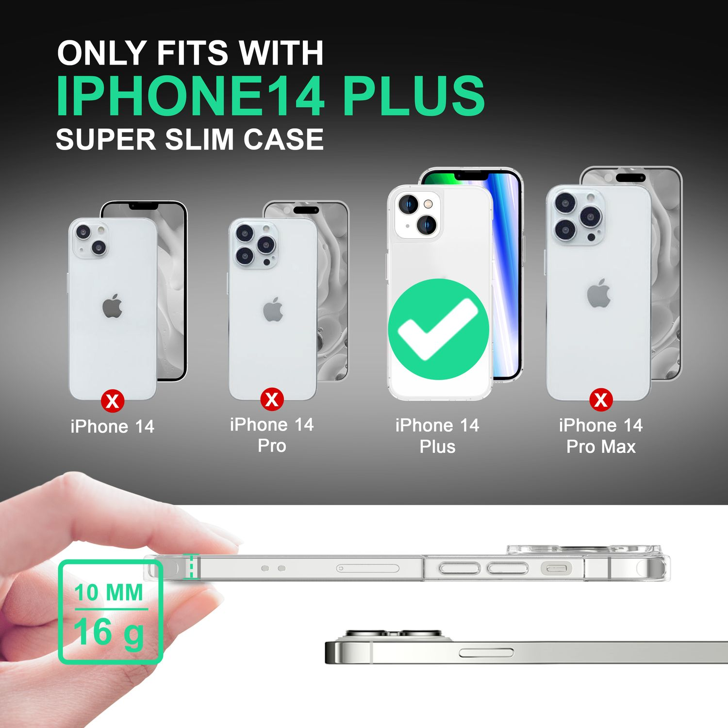 La imagen muestra fundas y teléfonos iPhone. Solo la funda del iPhone 14 Plus es compatible, indicada por una marca de verificación.