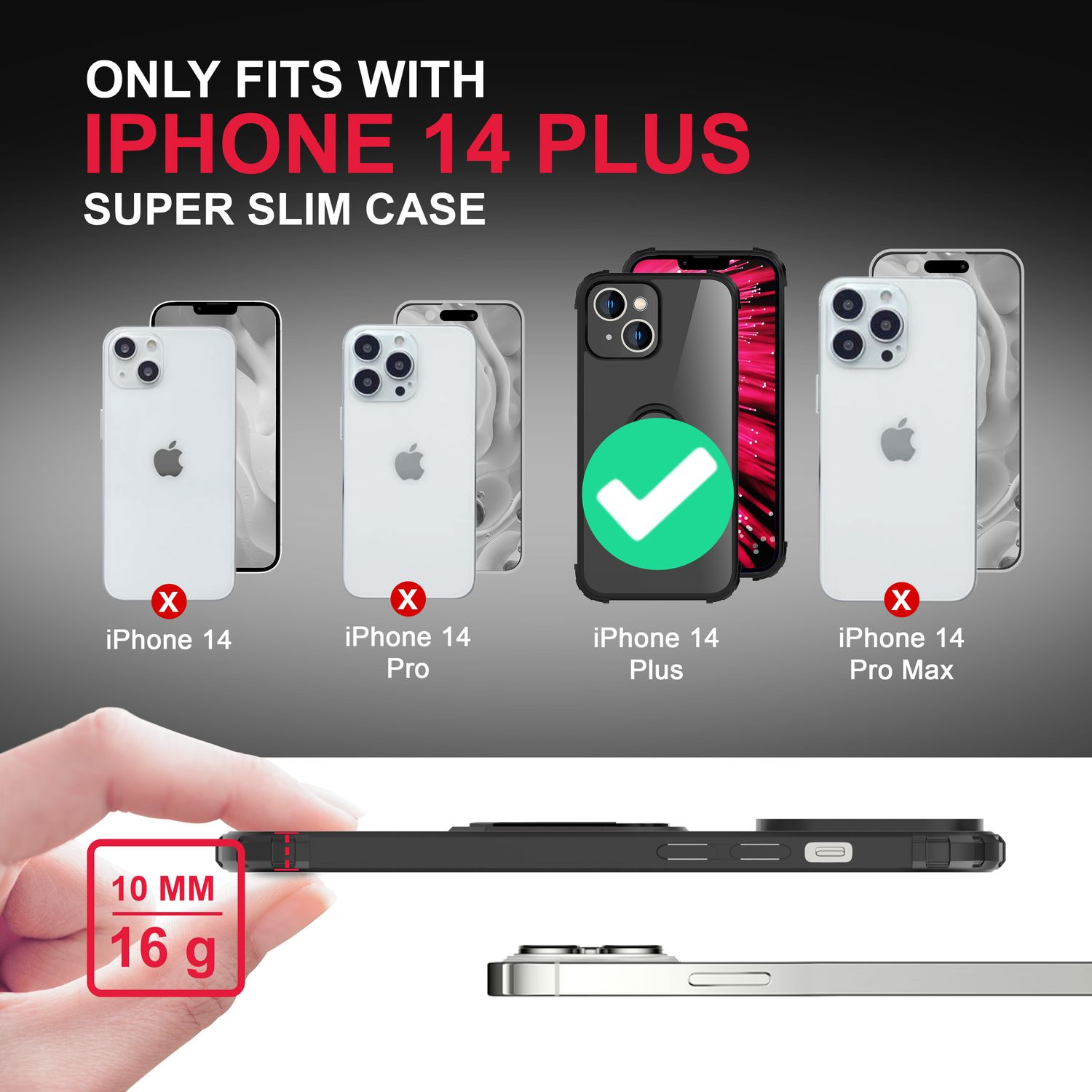 Imagen muestra compatibilidad de la funda iPhone 14 Plus. Otros teléfonos no son compatibles.