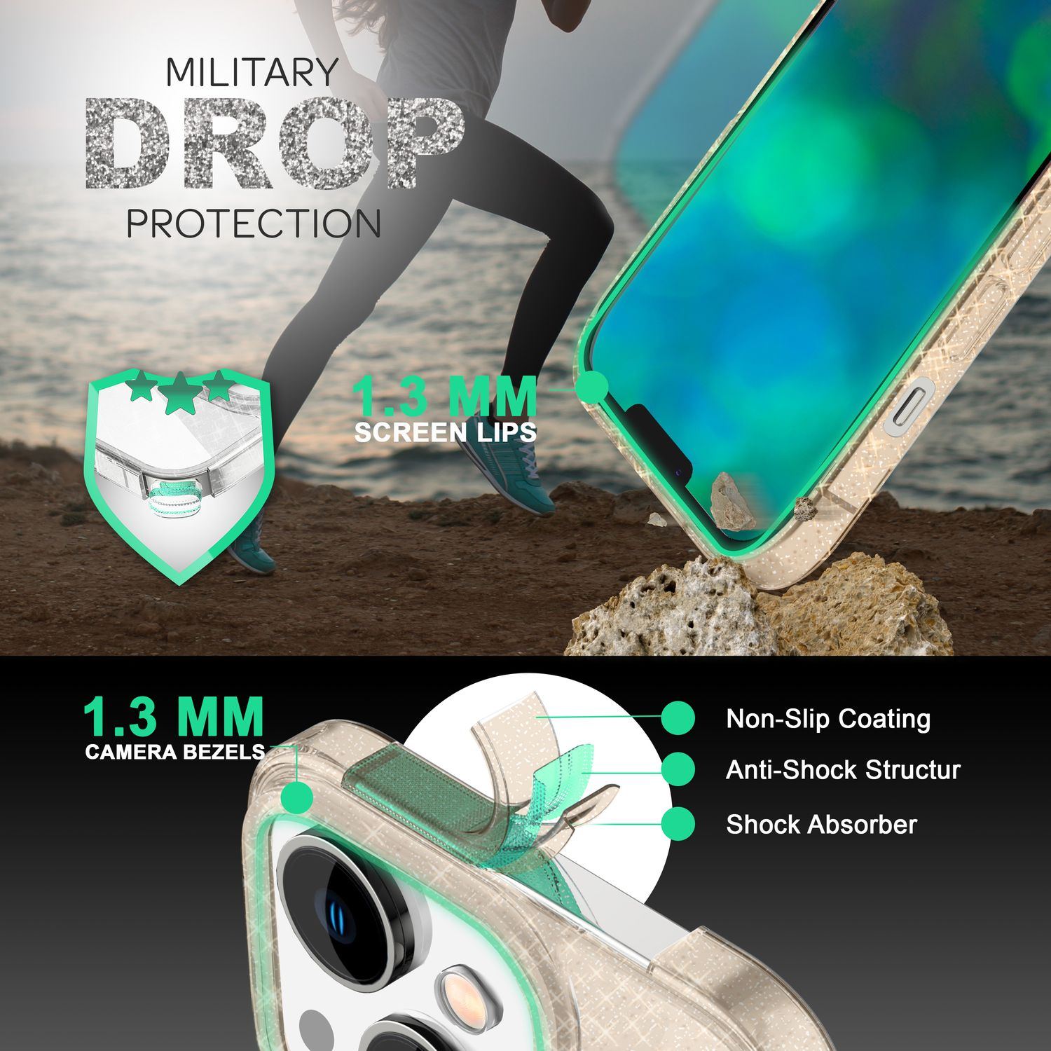 Funda para teléfono con protección contra caídas militares y bordes de pantalla y biseles de cámara de 1,3 mm.