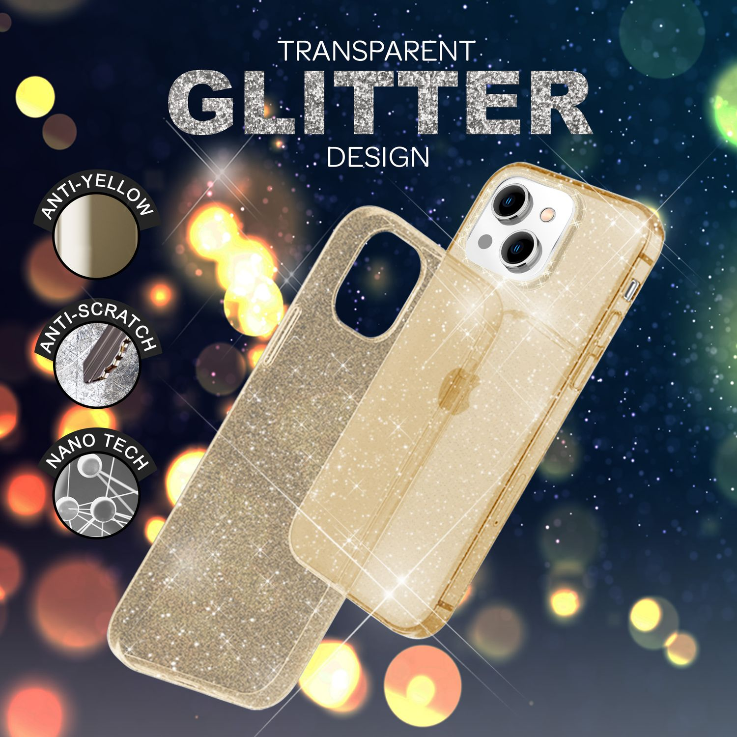 Funda transparente para teléfono con purpurina dorada y un teléfono dentro. Características antiarañazos y antiamarilleo.