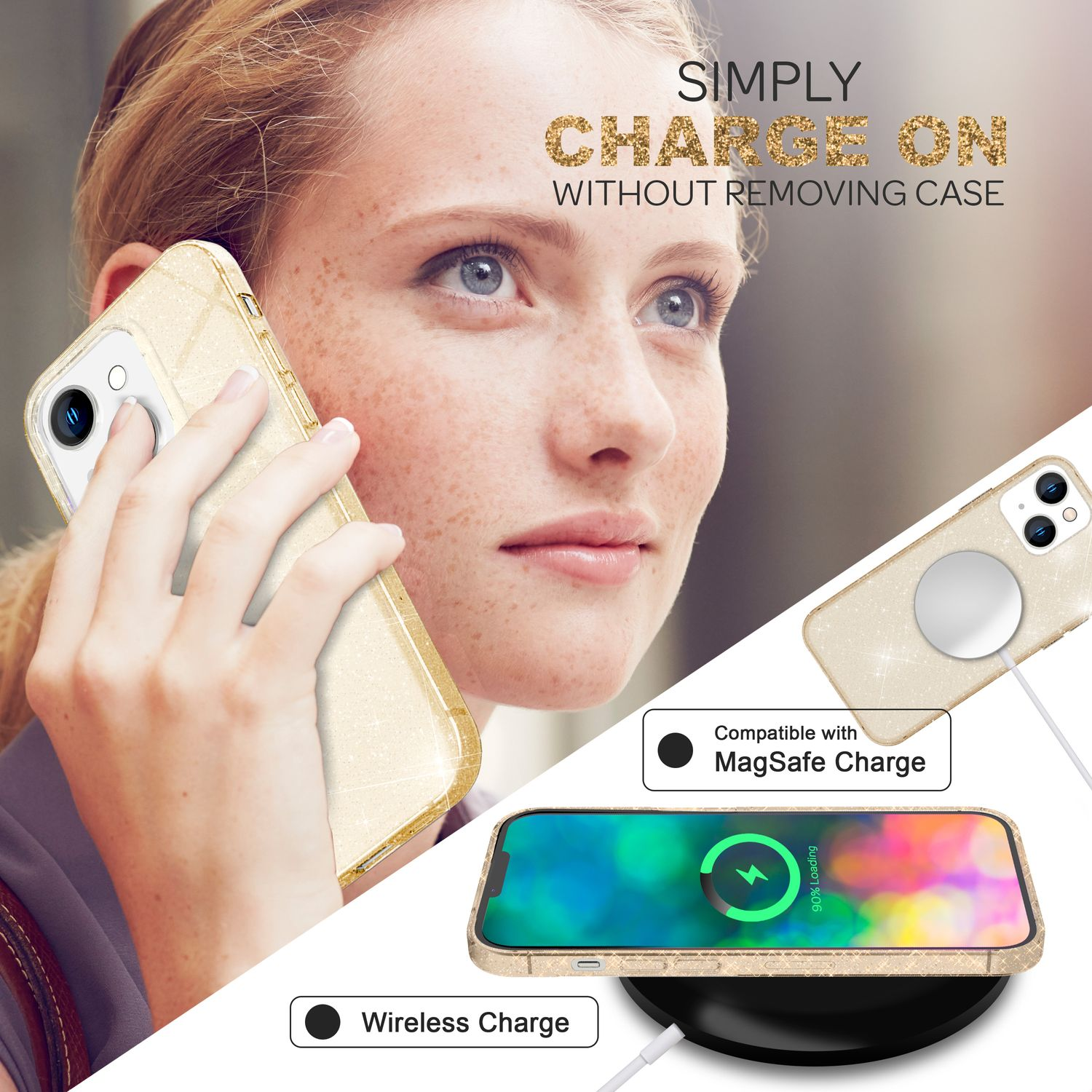 Mujer sosteniendo un teléfono con funda brillante en un cargador inalámbrico. Compatible con MagSafe.