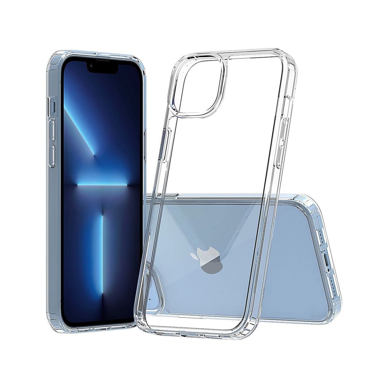 Custodia trasparente per telefono con un iPhone blu. Un'altra custodia per telefono sullo sfondo. Sfondo bianco.